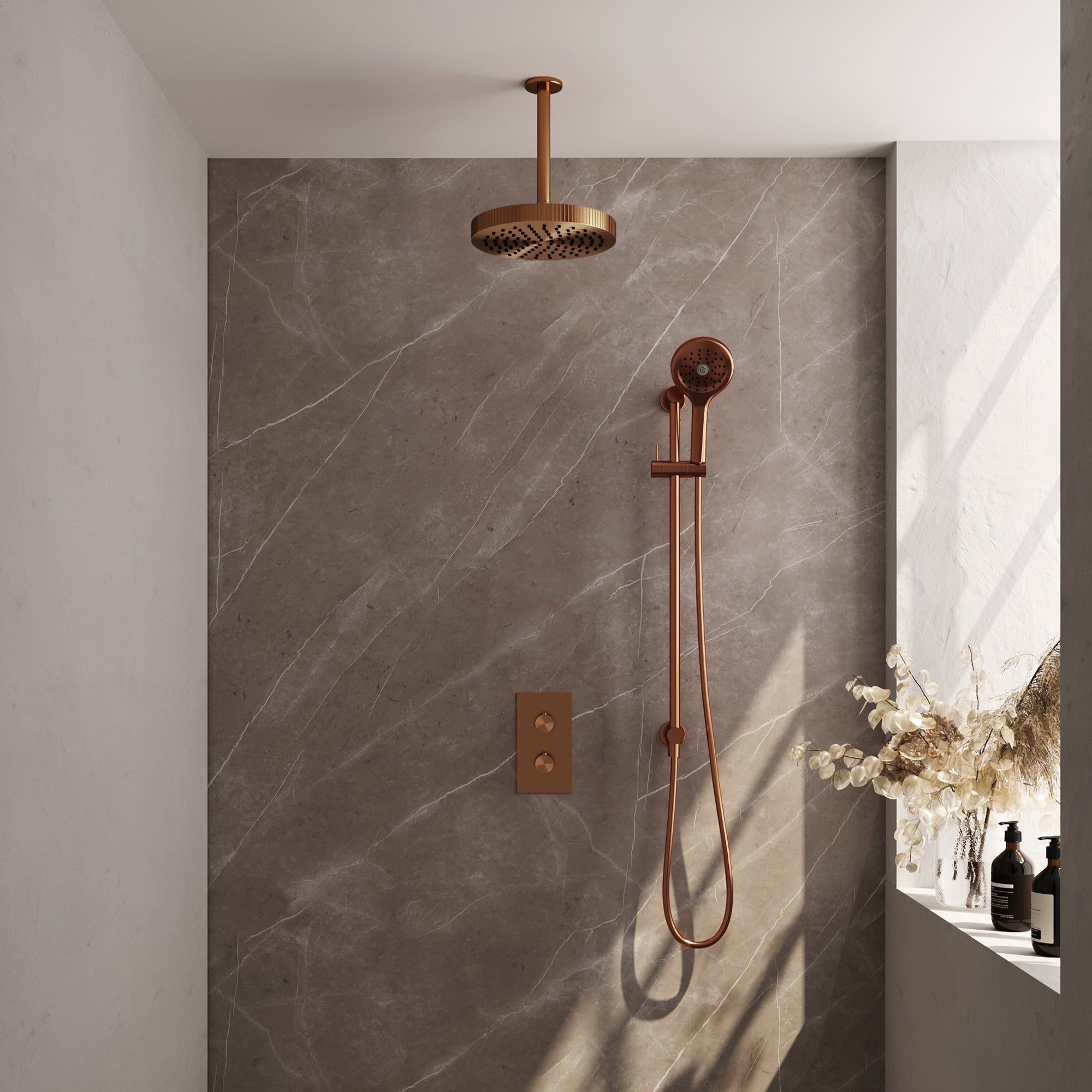 Brauer Stripe thermostatische inbouw regendouche rechthoekig  - 20cm plafondbuis - 3-standen handdouche - glijstang - Geborsteld Koper PVD