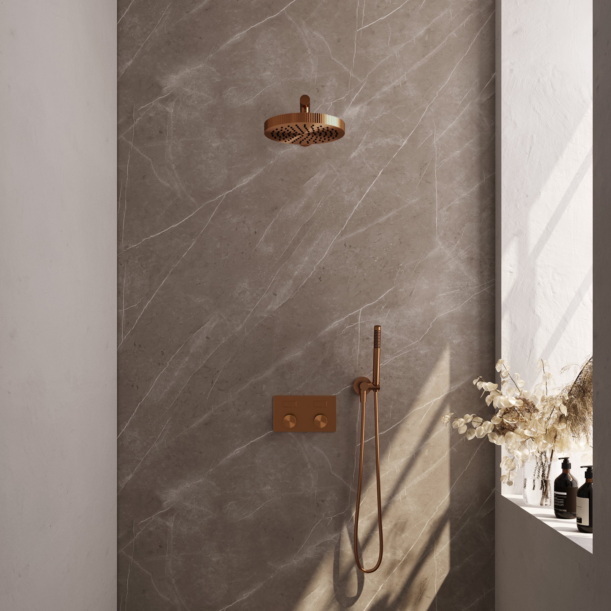 Brauer Stripe inbouw regendoucheset met drukknoppen - rechte wandarm - staafhanddouche - wandhouder - Geborsteld Koper PVD