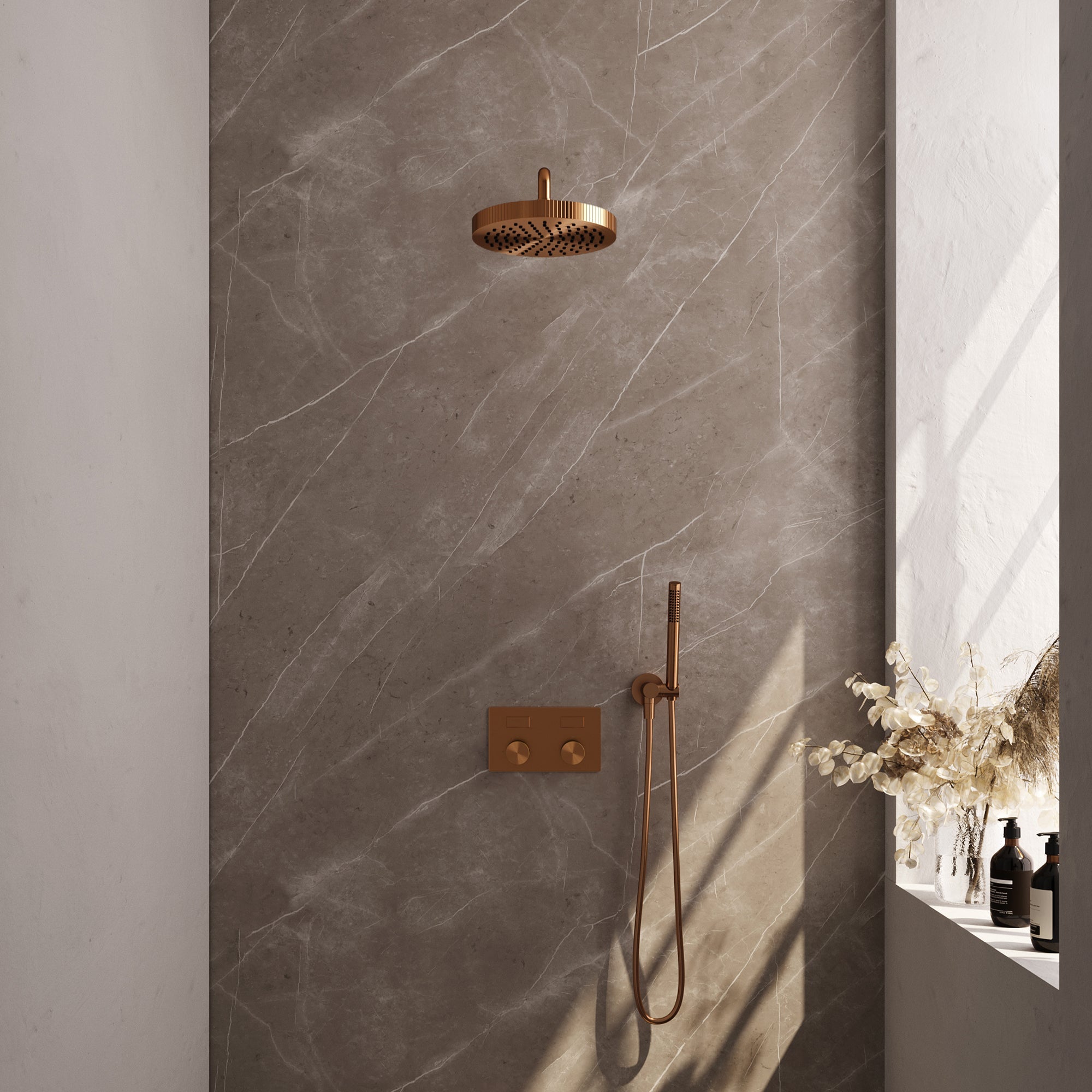Brauer Stripe inbouw regendoucheset met drukknoppen - gebogen wandarm - staafhanddouche - wandhouder - Geborsteld Koper PVD
