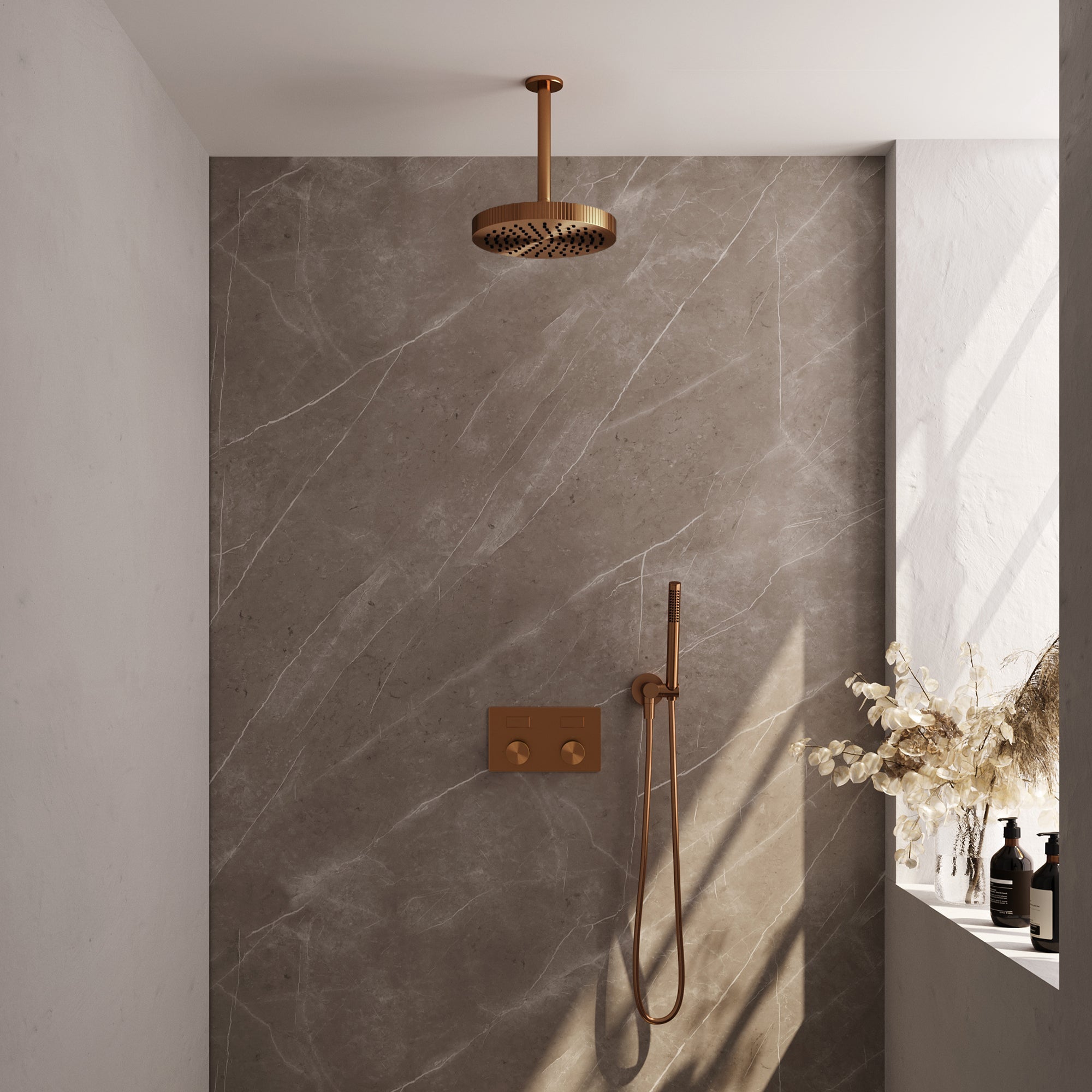 Brauer Stripe inbouw regendoucheset met drukknoppen  - 20cm plafondbuis - staafhanddouche - wandhouder - Geborsteld Koper PVD