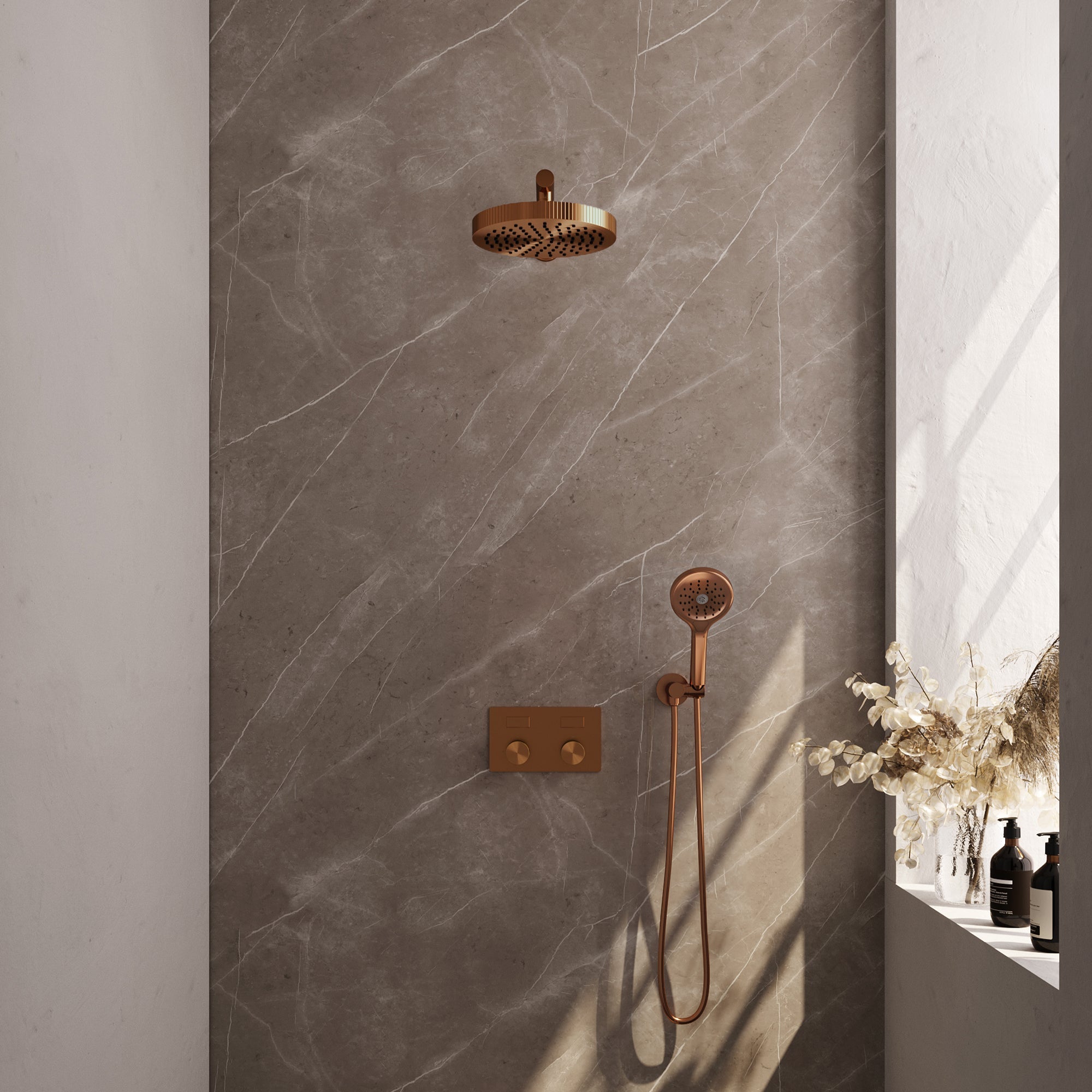 Brauer Stripe inbouw regendoucheset met drukknoppen - rechte wandarm - 3-standen handdouche - wandhouder - Geborsteld Koper PVD