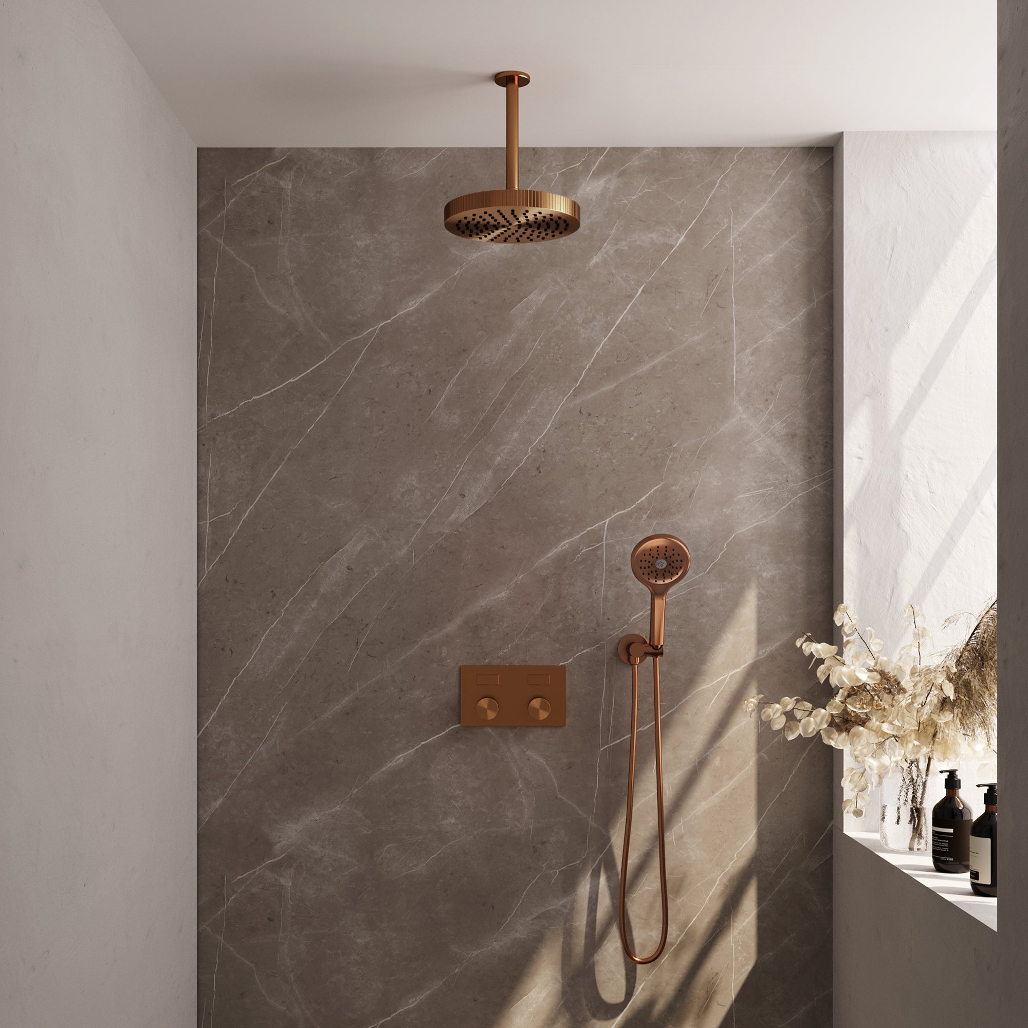 Brauer Stripe inbouw regendoucheset met drukknoppen  - 20cm plafondbuis - 3-standen handdouche - wandhouder - Geborsteld Koper PVD