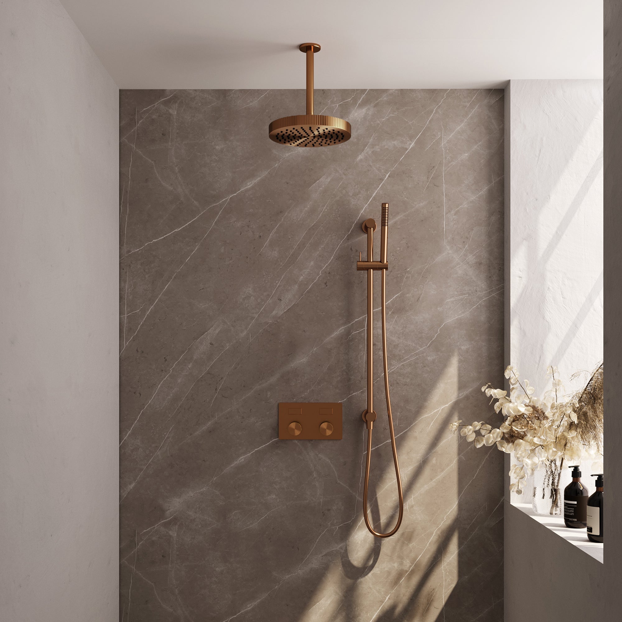 Brauer Stripe inbouw regendoucheset met drukknoppen  - 20cm plafondbuis - staafhanddouche - glijstang - Geborsteld Koper PVD
