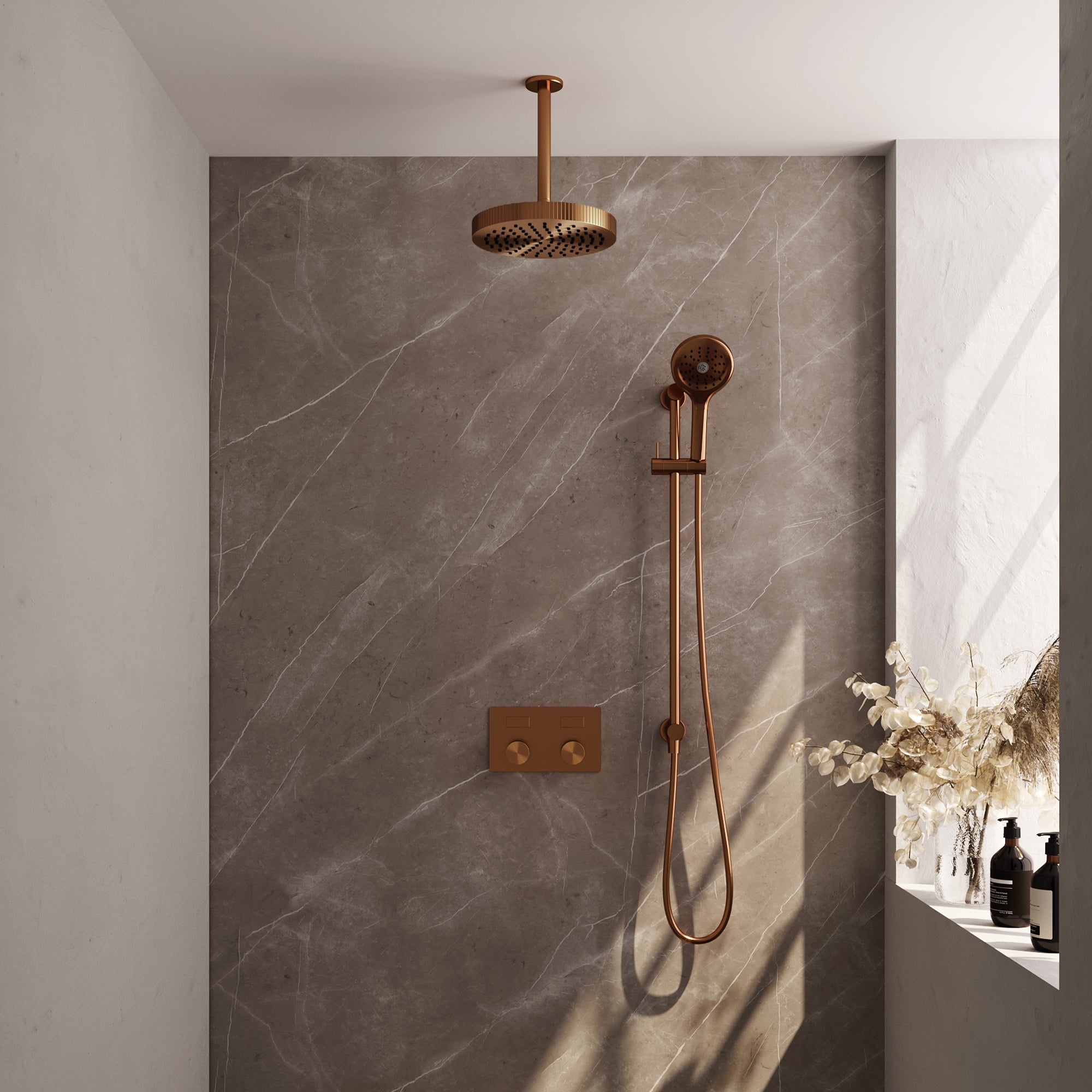Brauer Stripe inbouw regendoucheset met drukknoppen  - 20cm plafondbuis - 3-standen handdouche - glijstang - Geborsteld Koper PVD