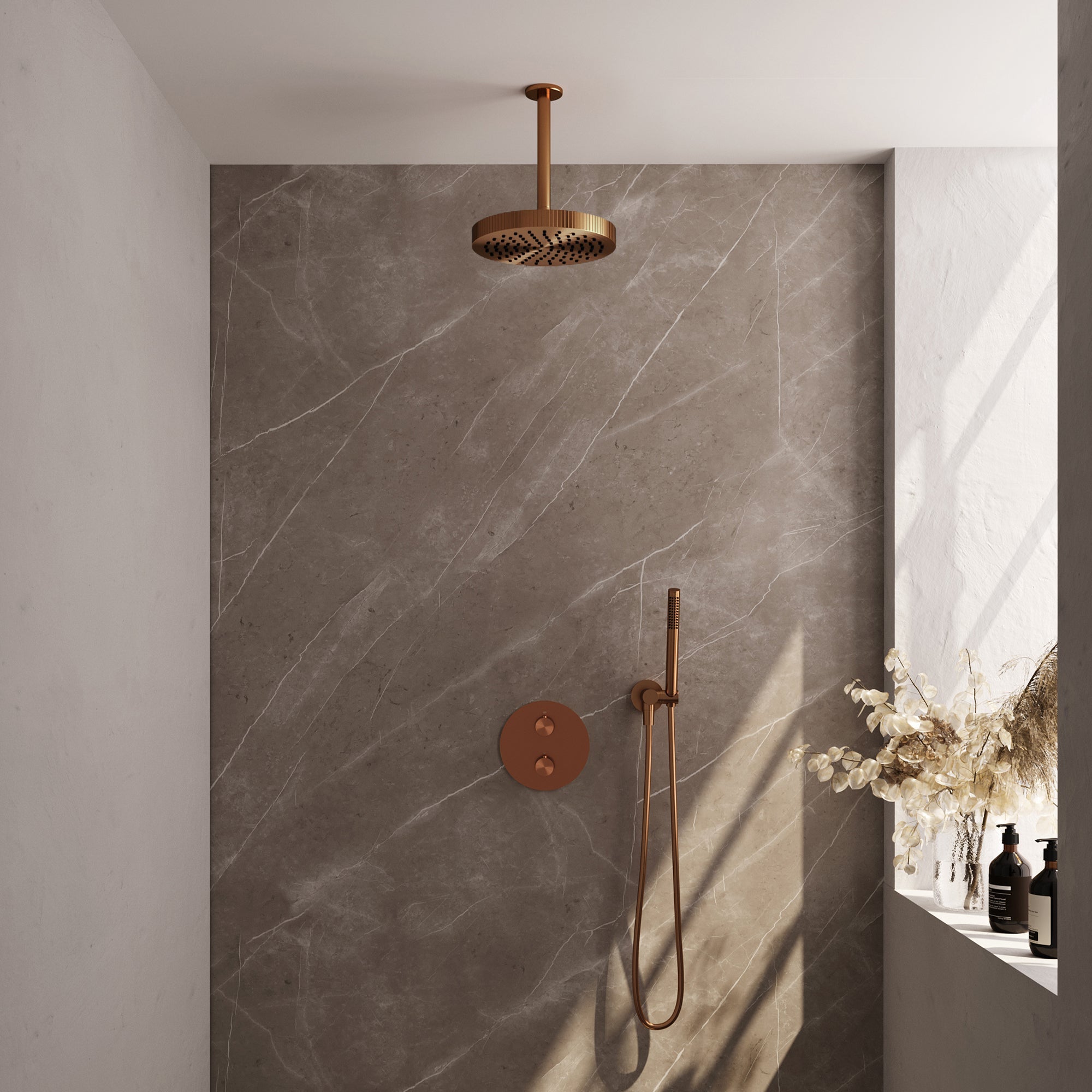 Brauer Stripe inbouw regendoucheset rond  - 20cm plafondbuis - staafhanddouche - wandhouder - Geborsteld Koper PVD