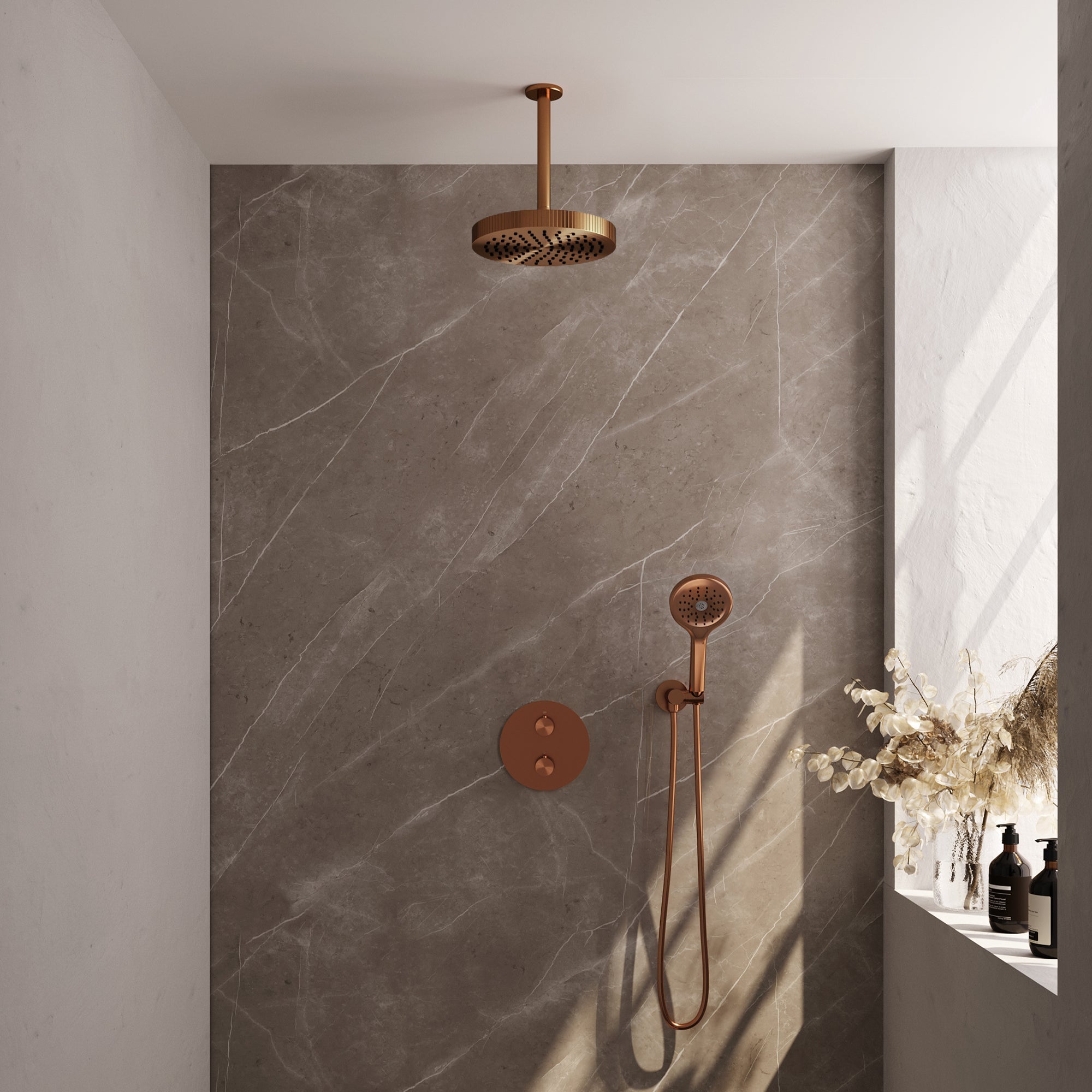 Brauer Stripe inbouw regendoucheset rond  - 20cm plafondbuis - 3-standen handdouche - wandhouder - Geborsteld Koper PVD