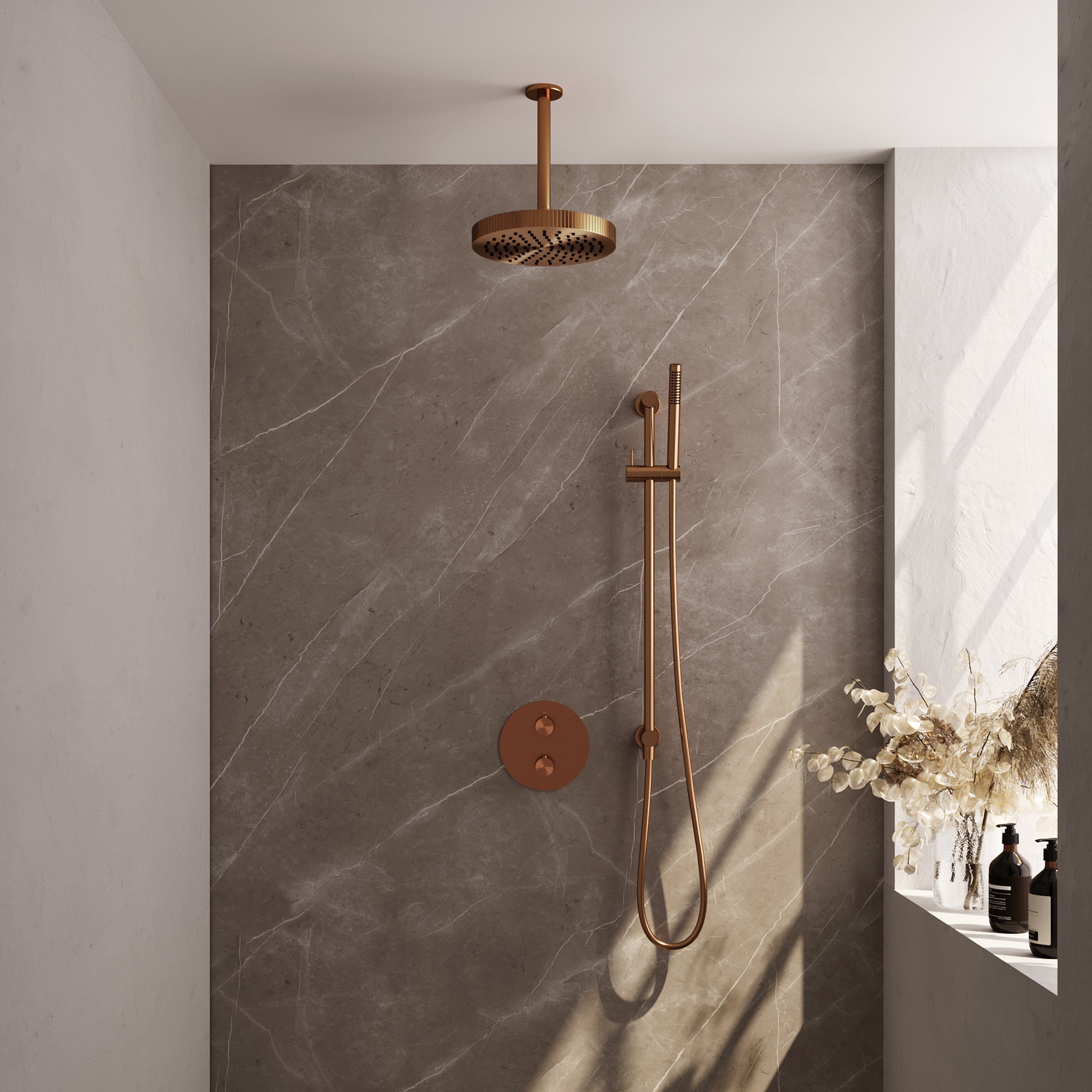 Brauer Stripe inbouw regendoucheset rond  - 20cm plafondbuis - staafhanddouche - glijstang - Geborsteld Koper PVD