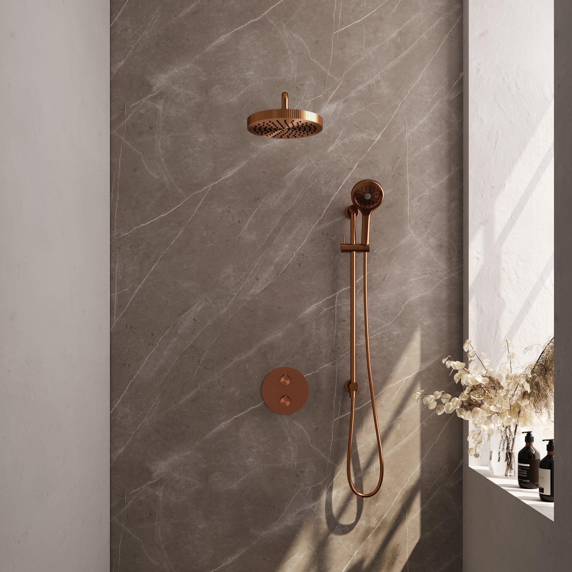 Brauer Stripe inbouw regendoucheset rond - gebogen wandarm - 3-standen handdouche - glijstang - Geborsteld Koper PVD