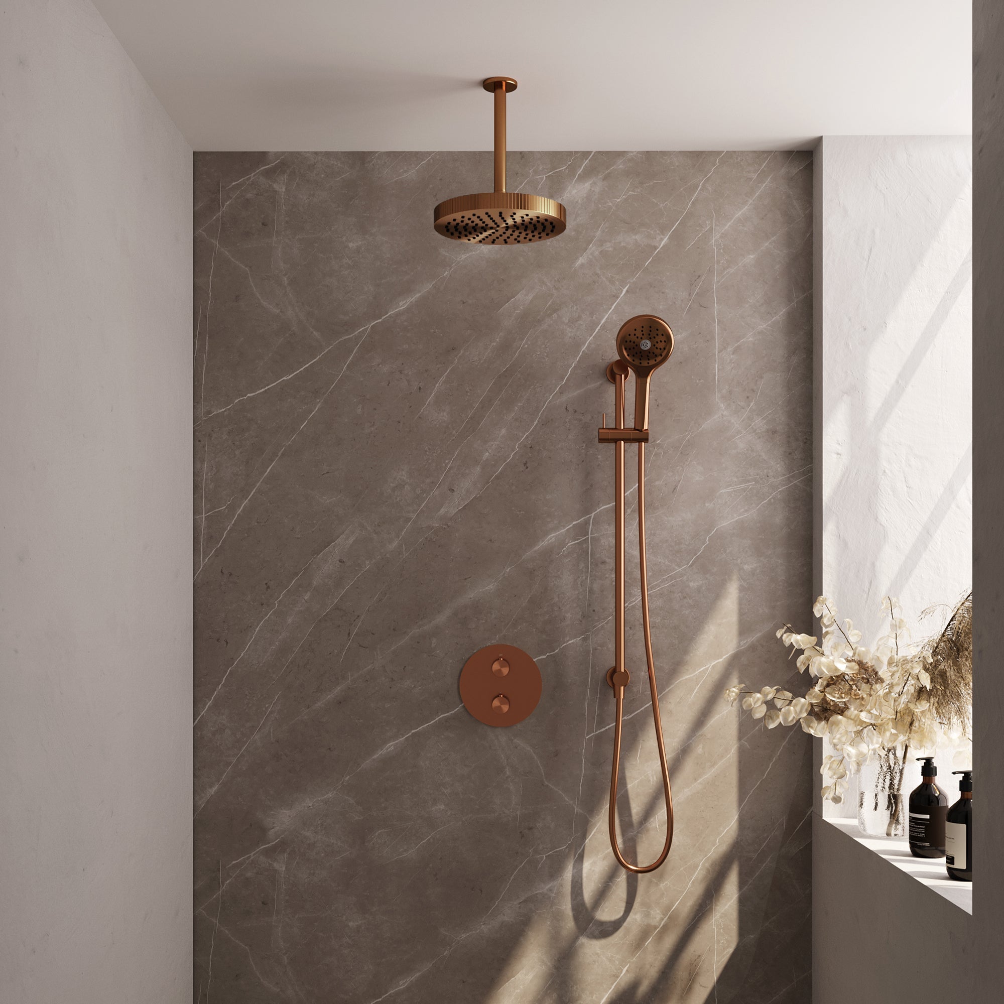 Brauer Stripe inbouw regendoucheset rond  - 20cm plafondbuis - 3-standen handdouche - glijstang - Geborsteld Koper PVD