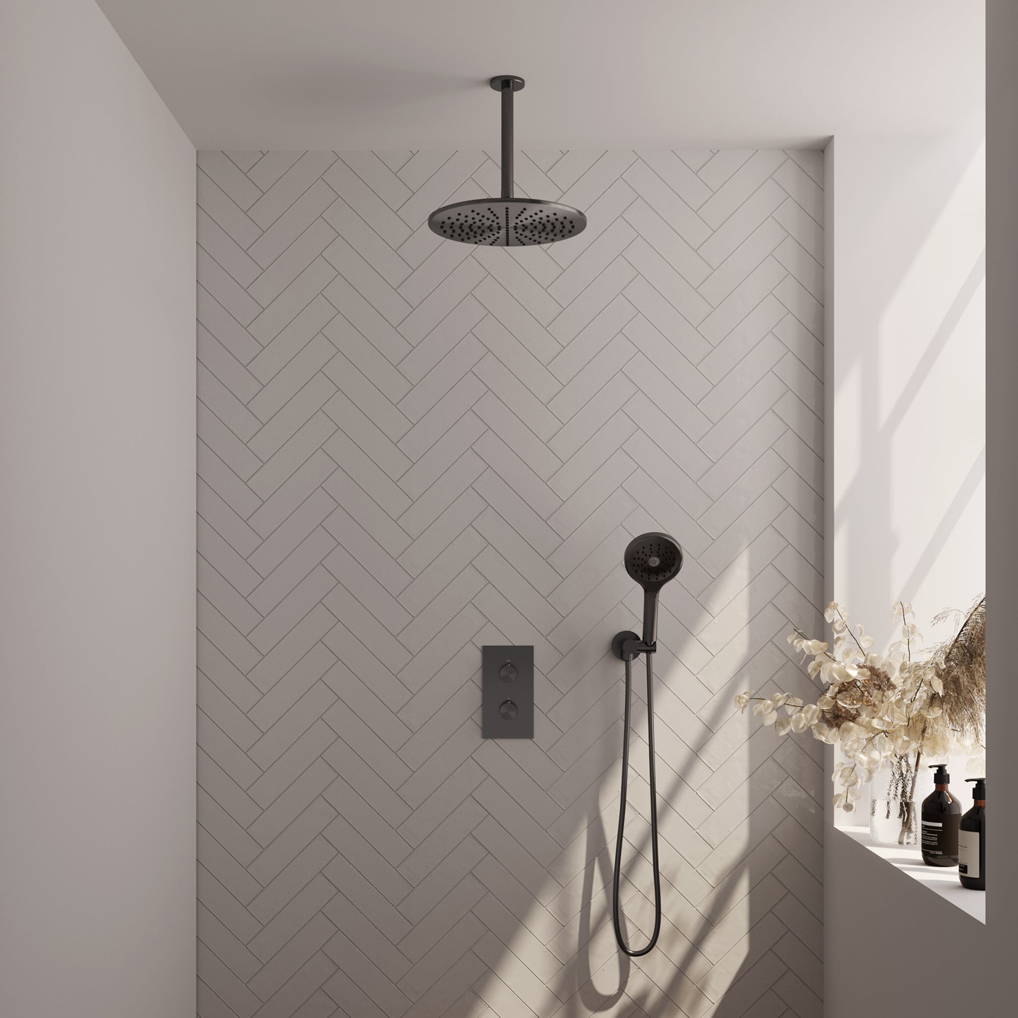Brauer Edition inbouwset met 3-weg thermostaat - hoofddouche 30cm - plafondbuis 20cm - ronde 3-standen handdouche - wandaansluiting - Geborsteld Gunmetal PVD