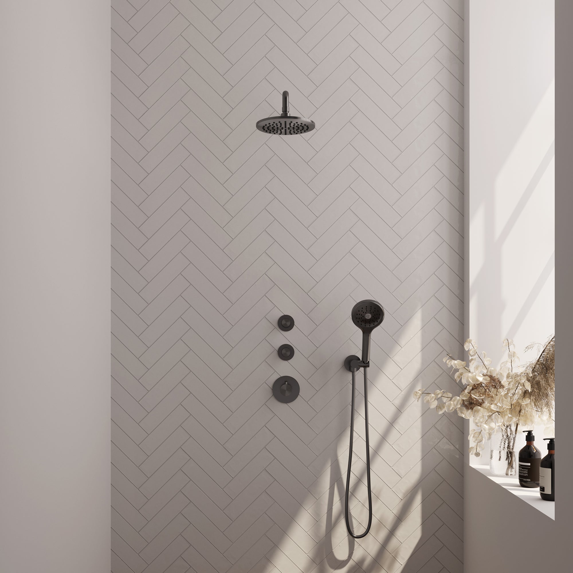 Brauer Edition thermostatische inbouw doucheset - hoofddouche 20cm - wandarm gebogen - ronde handdouche - Geborsteld Gunmetal PVD