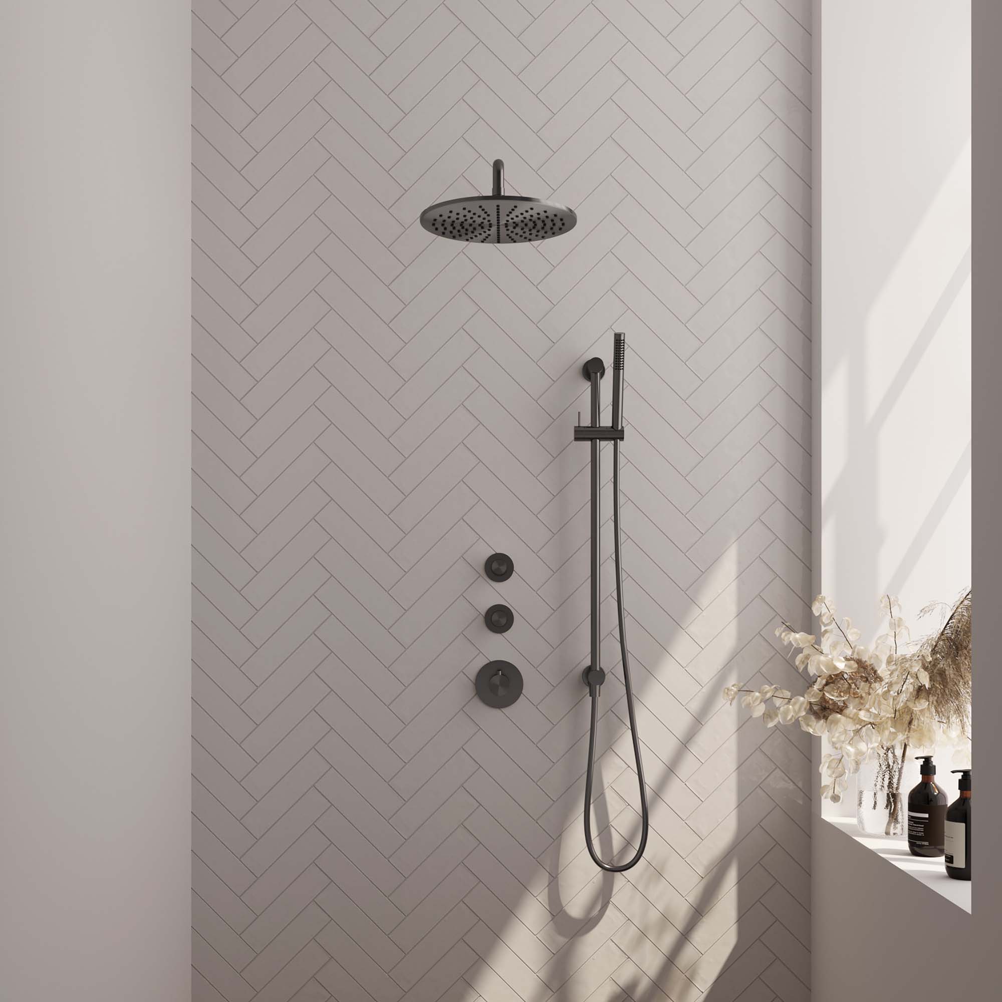 Brauer Edition thermostatische inbouw doucheset - hoofddouche 30cm - wandarm gebogen - staafhanddouche - Glijstang - Geborsteld Gunmetal PVD