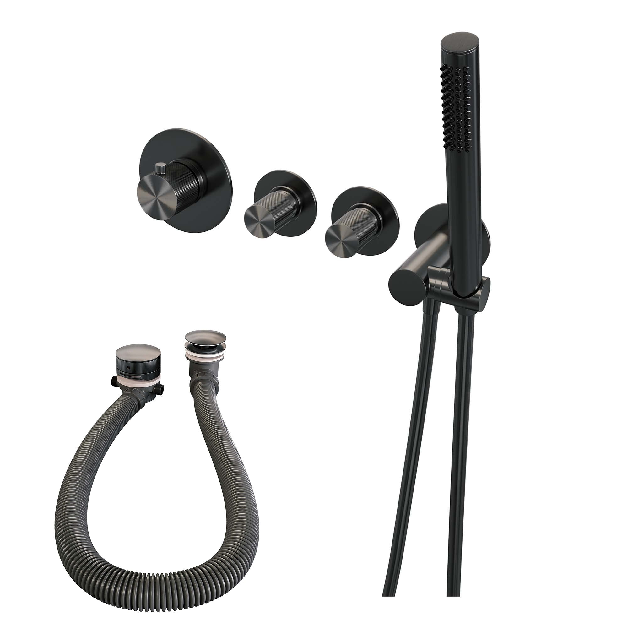 Brauer Carving inbouw badthermostaat met badafvoer/vulcombinatie - staafhanddouche - Geborsteld Gunmetal PVD