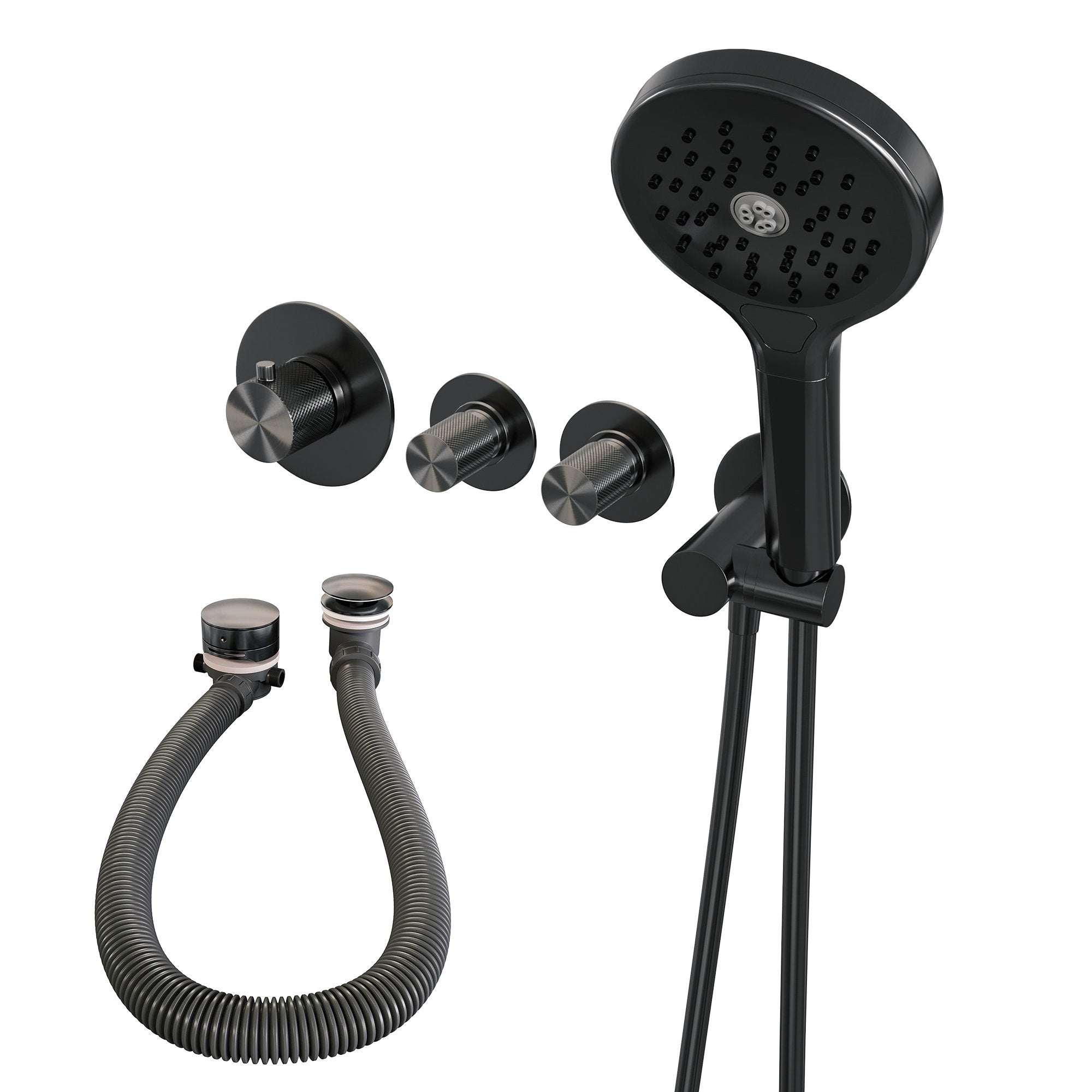 Brauer Carving inbouw badthermostaat met badafvoer/vulcombinatie - 3-standen handdouche - Geborsteld Gunmetal PVD