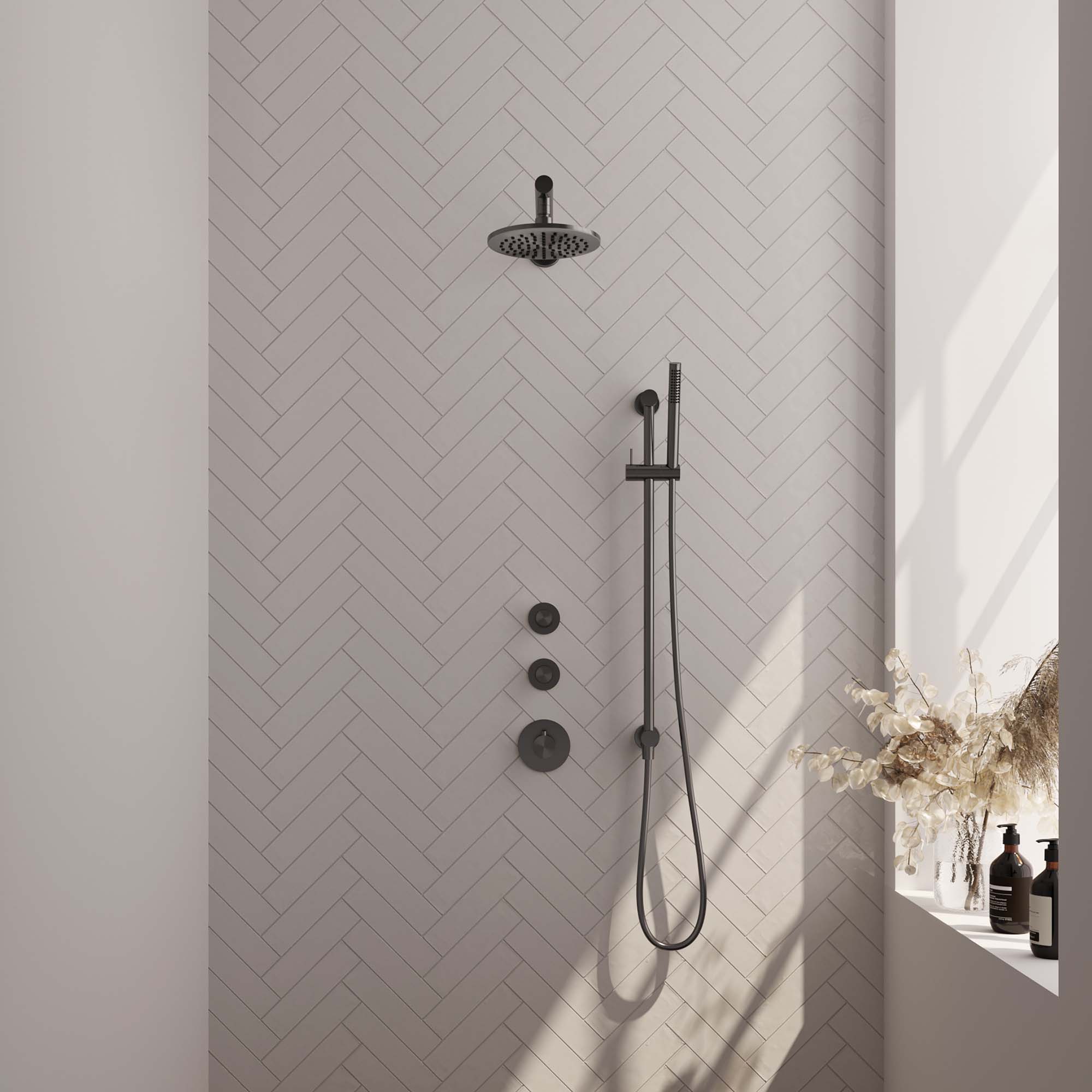 Brauer Carving thermostatische inbouw doucheset - hoofddouche 20cm - rechte wandarm - staafhanddouche - Glijstang - Geborsteld Gunmetal PVD