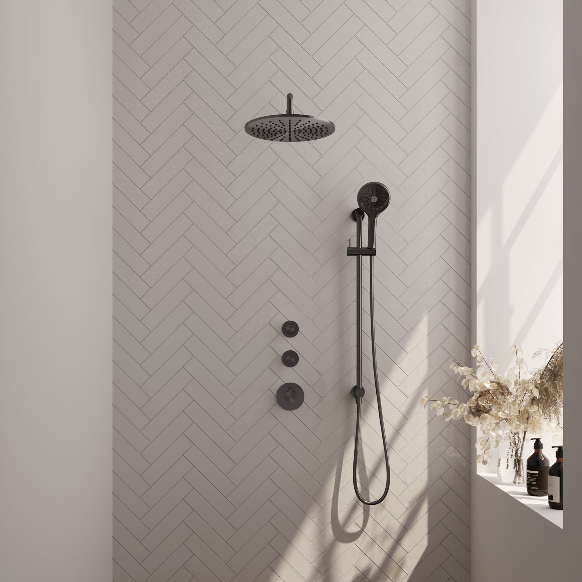 Brauer Carving thermostatische inbouw doucheset - hoofddouche 30cm - gebogen wandarm - 3 standen handdouche rond - Glijstang - Geborsteld Gunmetal PVD