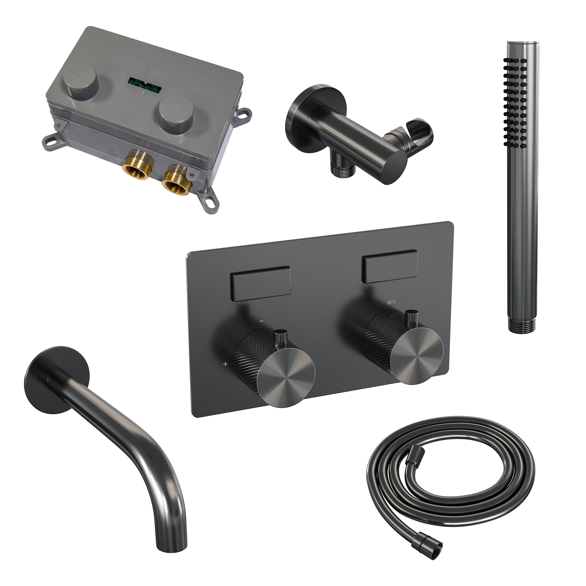 Brauer Carving inbouw badthermostaat - drukknoppen - baduitloop - staafhanddouche - Geborsteld Gunmetal PVD