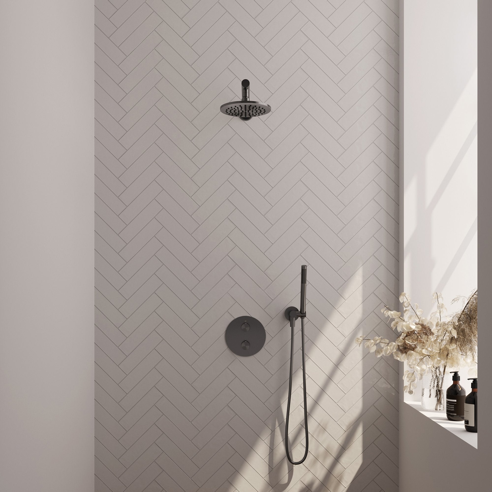 Brauer Edition inbouw regendoucheset 3-weg rond - 20cm hoofddouche - rechte wandarm - staafhanddouche - wandhouder - Geborsteld Gunmetal PVD