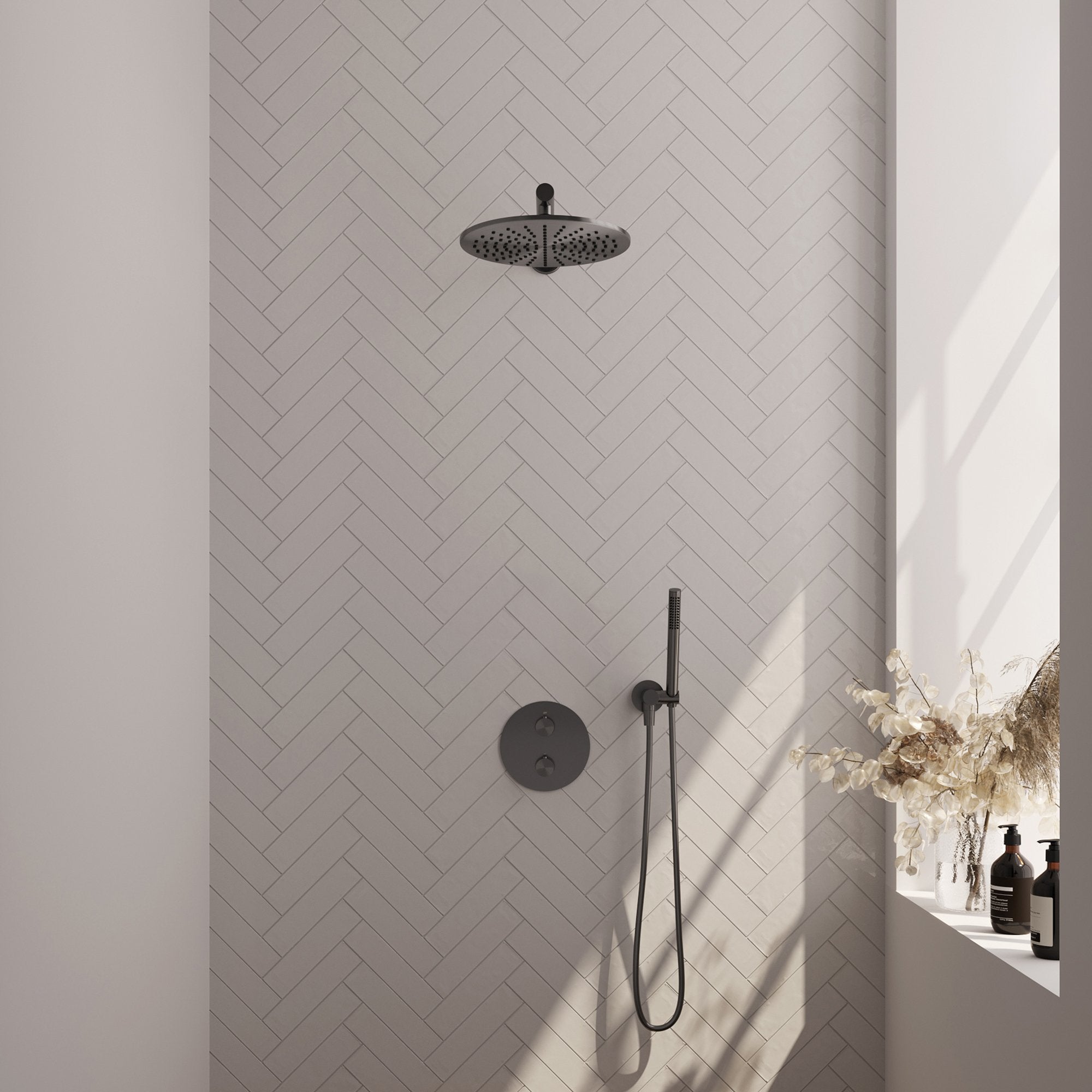 Brauer Edition inbouw regendoucheset 3-weg rond - 30cm hoofddouche - rechte wandarm - staafhanddouche - wandhouder - Geborsteld Gunmetal PVD