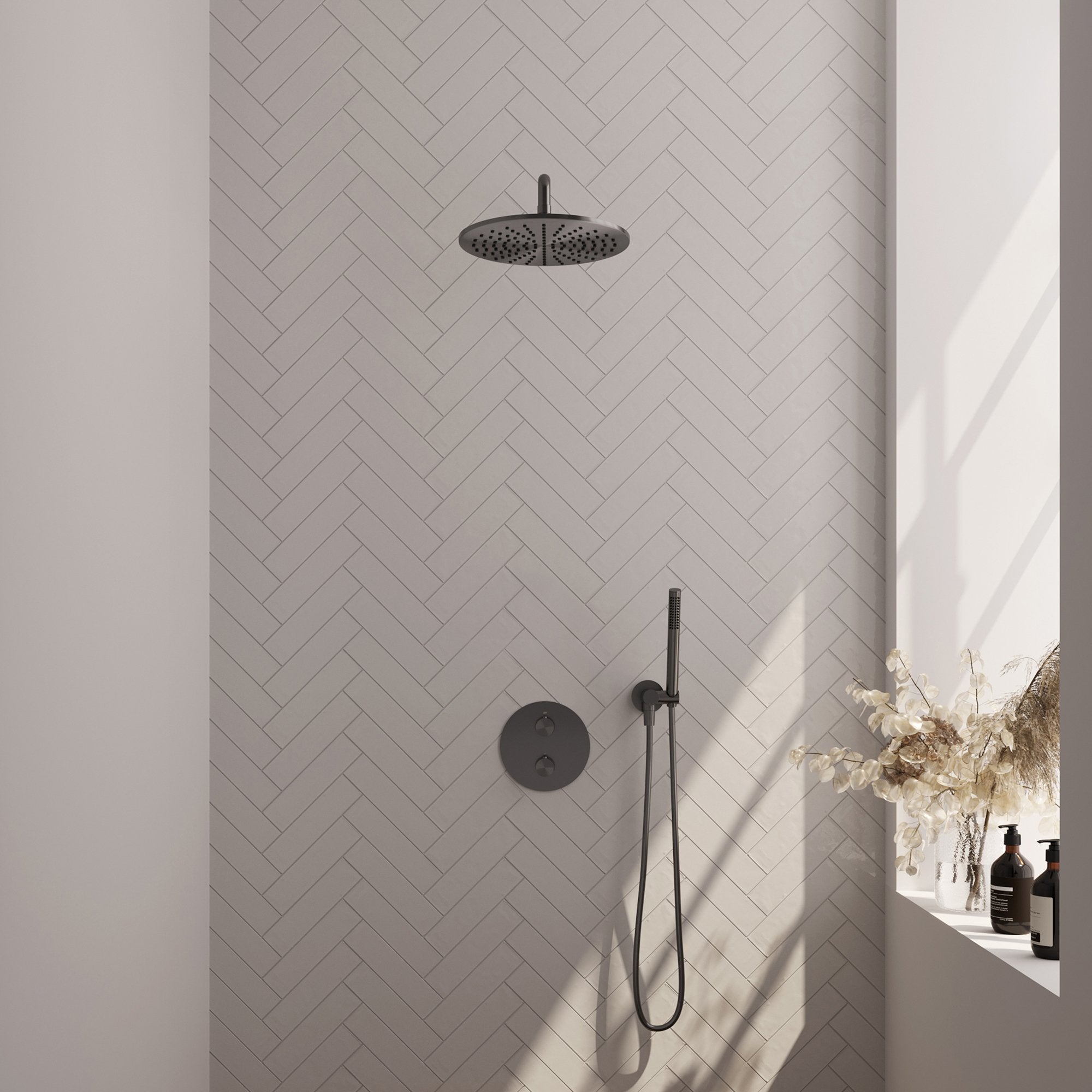 Brauer Edition inbouw regendoucheset 3-weg rond - 30cm hoofddouche - gebogen wandarm - staafhanddouche - wandhouder - Geborsteld Gunmetal PVD