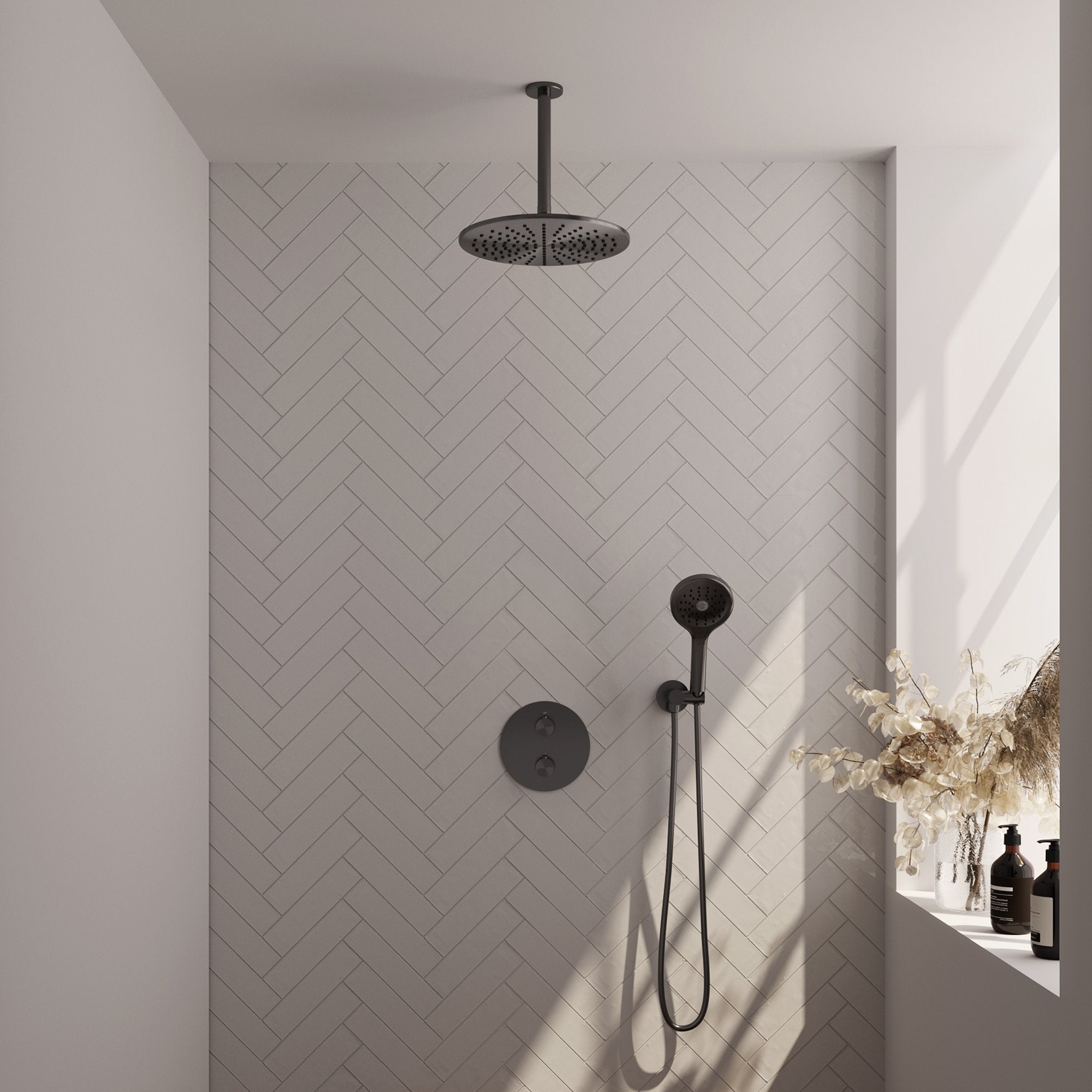 Brauer Edition inbouw regendoucheset 3-weg rond - 30cm hoofddouche - plafondarm - 3 standen handdouche - wandhouder - Geborsteld Gunmetal PVD