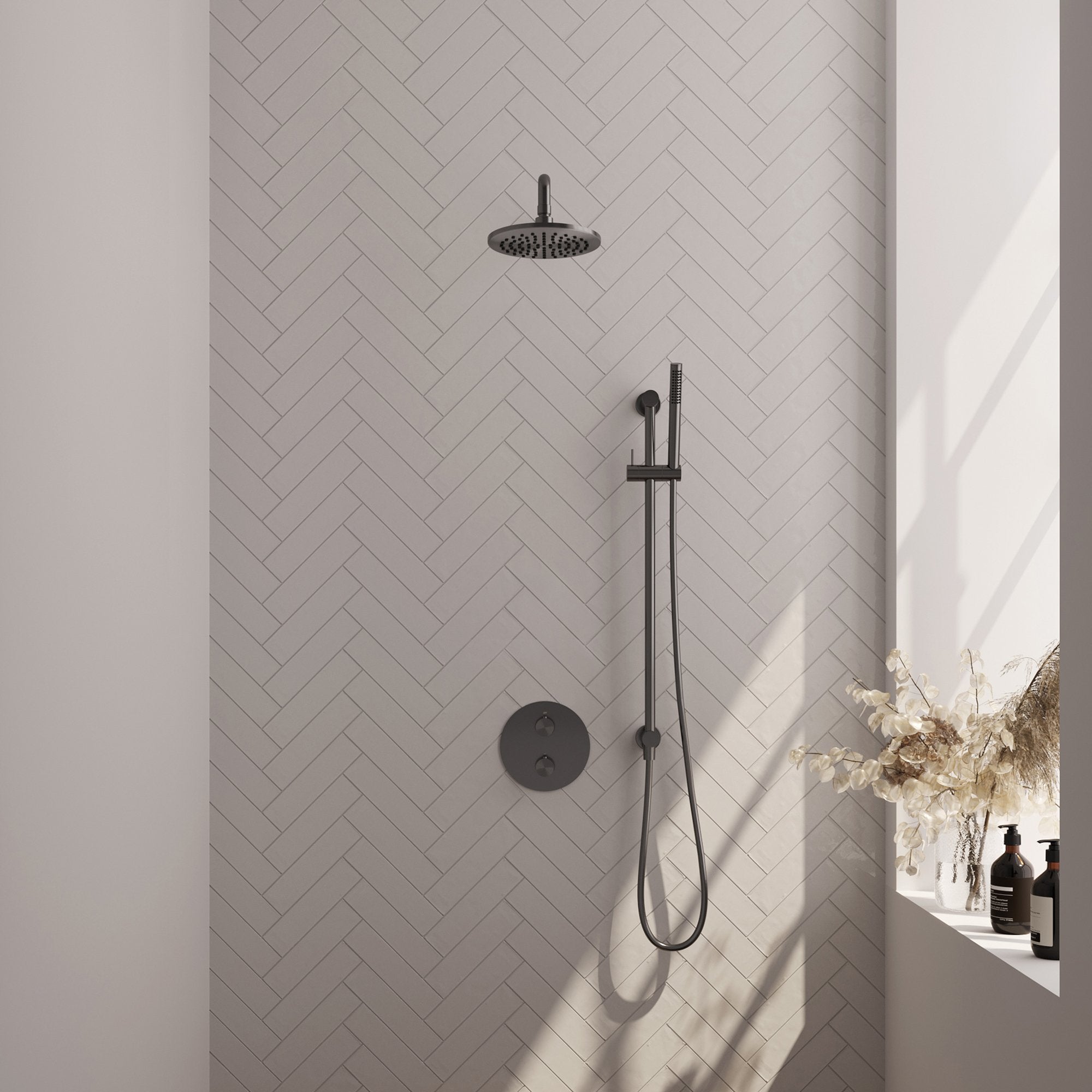Brauer Edition inbouw regendoucheset 3-weg rond - 20cm hoofddouche - gebogen wandarm - staafhanddouche - glijstang - Geborsteld Gunmetal PVD