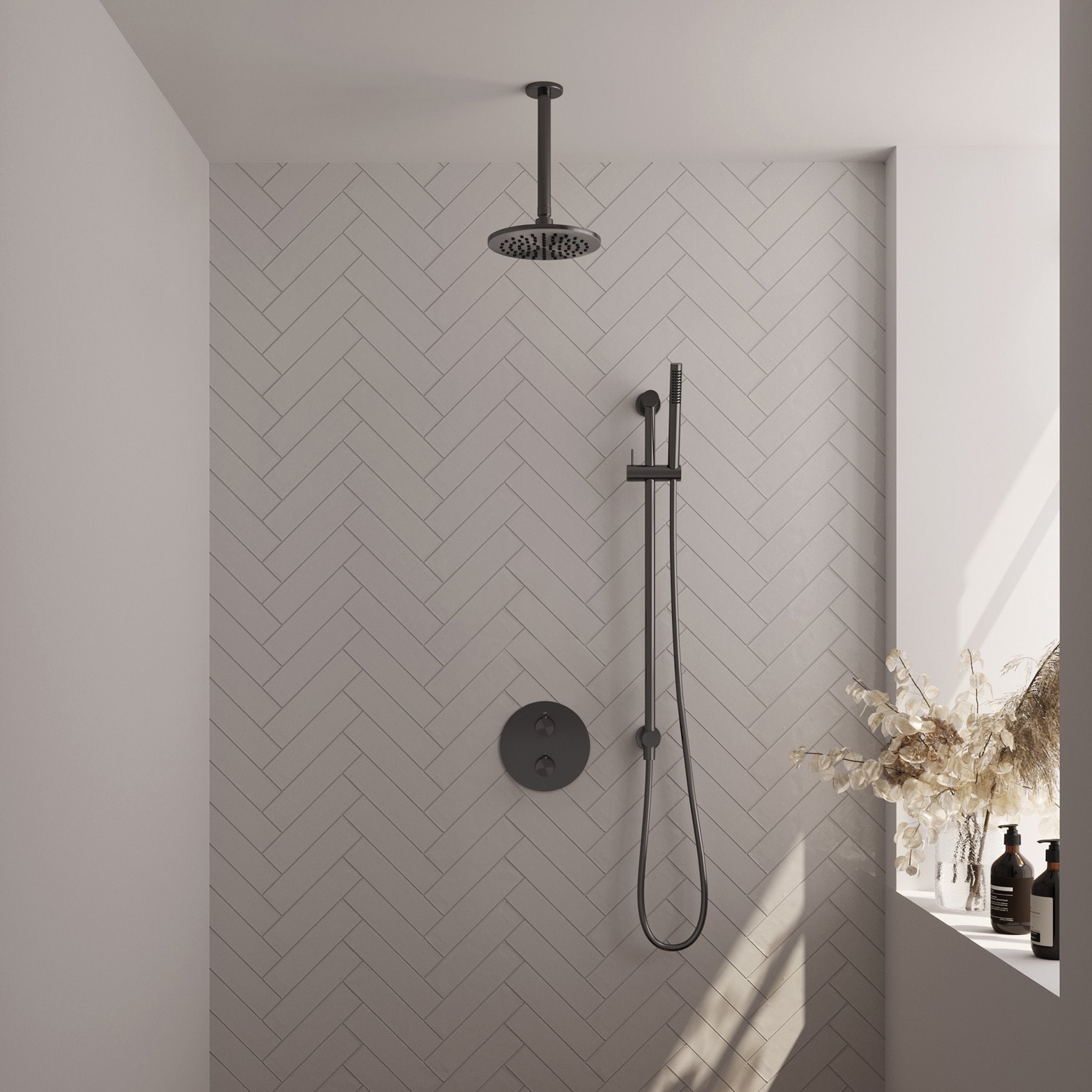 Brauer Edition inbouw regendoucheset 3-weg rond - 20cm hoofddouche - plafondarm - staafhanddouche - glijstang - Geborsteld Gunmetal PVD