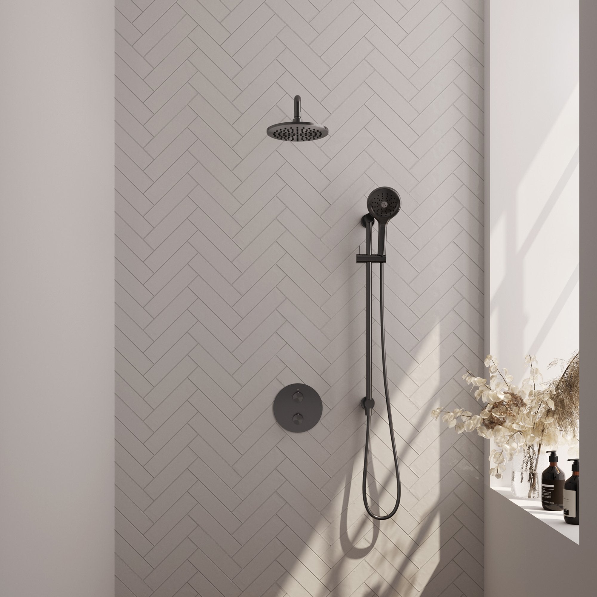 Brauer Edition inbouw regendoucheset 3-weg rond - 20cm hoofddouche - gebogen wandarm - 3 standen handdouche - glijstang - Geborsteld Gunmetal PVD