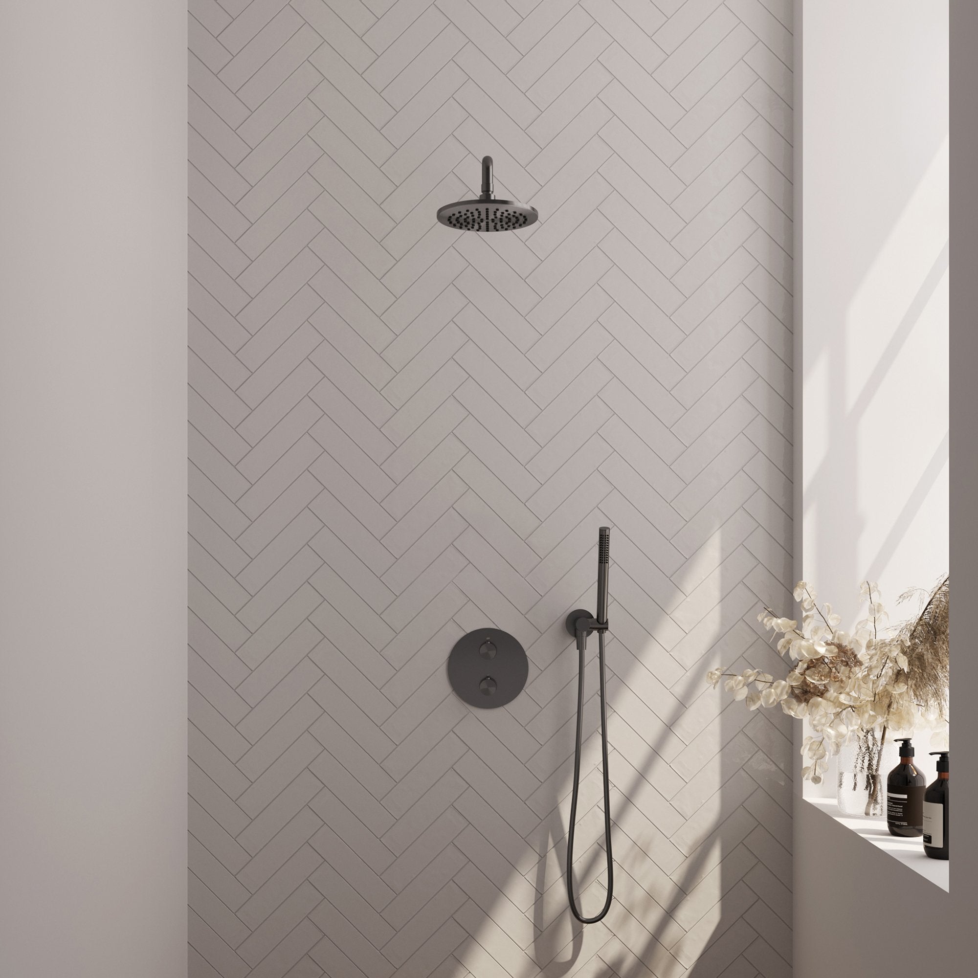 Brauer Carving inbouw regendoucheset 3-weg rond - 20cm hoofddouche - gebogen wandarm - staafhanddouche - wandhouder - Geborsteld Gunmetal PVD