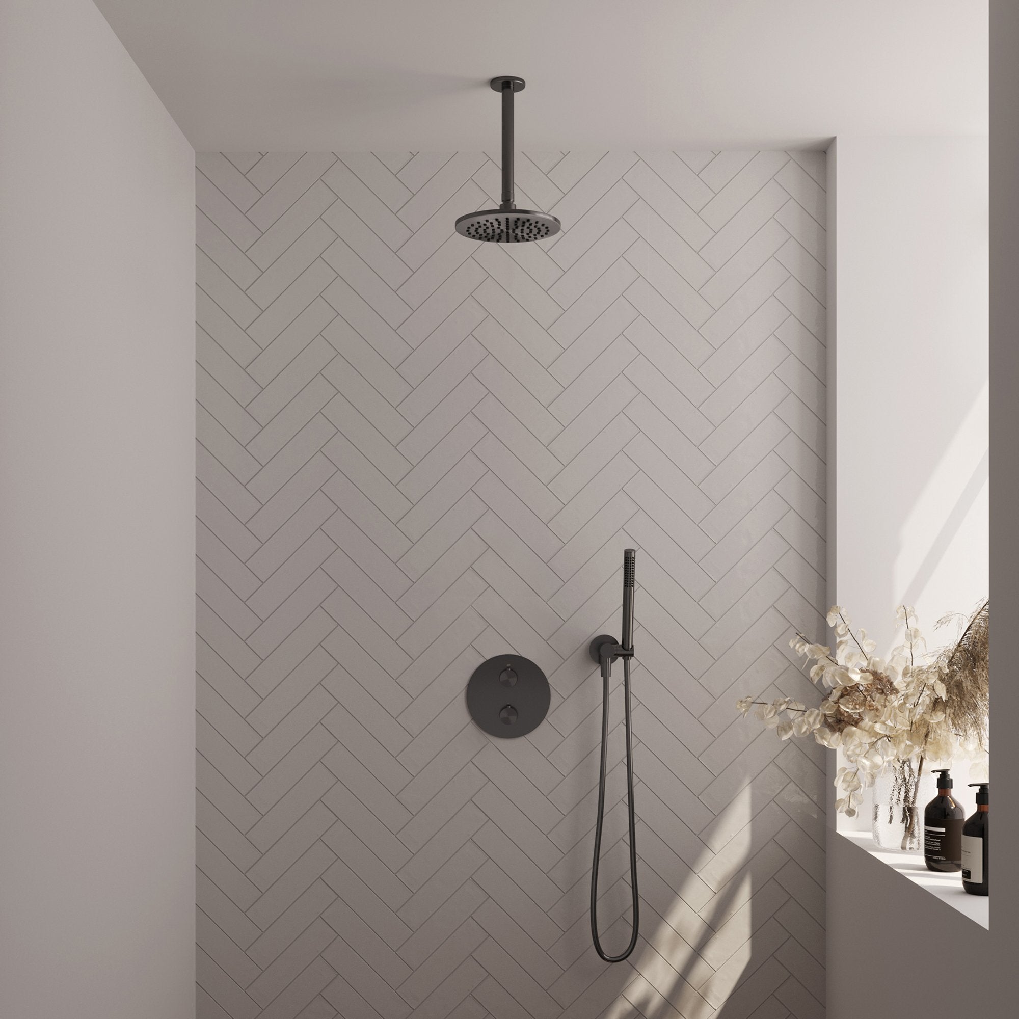 Brauer Carving inbouw regendoucheset 3-weg rond - 20cm hoofddouche - plafondarm - staafhanddouche - wandhouder - Geborsteld Gunmetal PVD