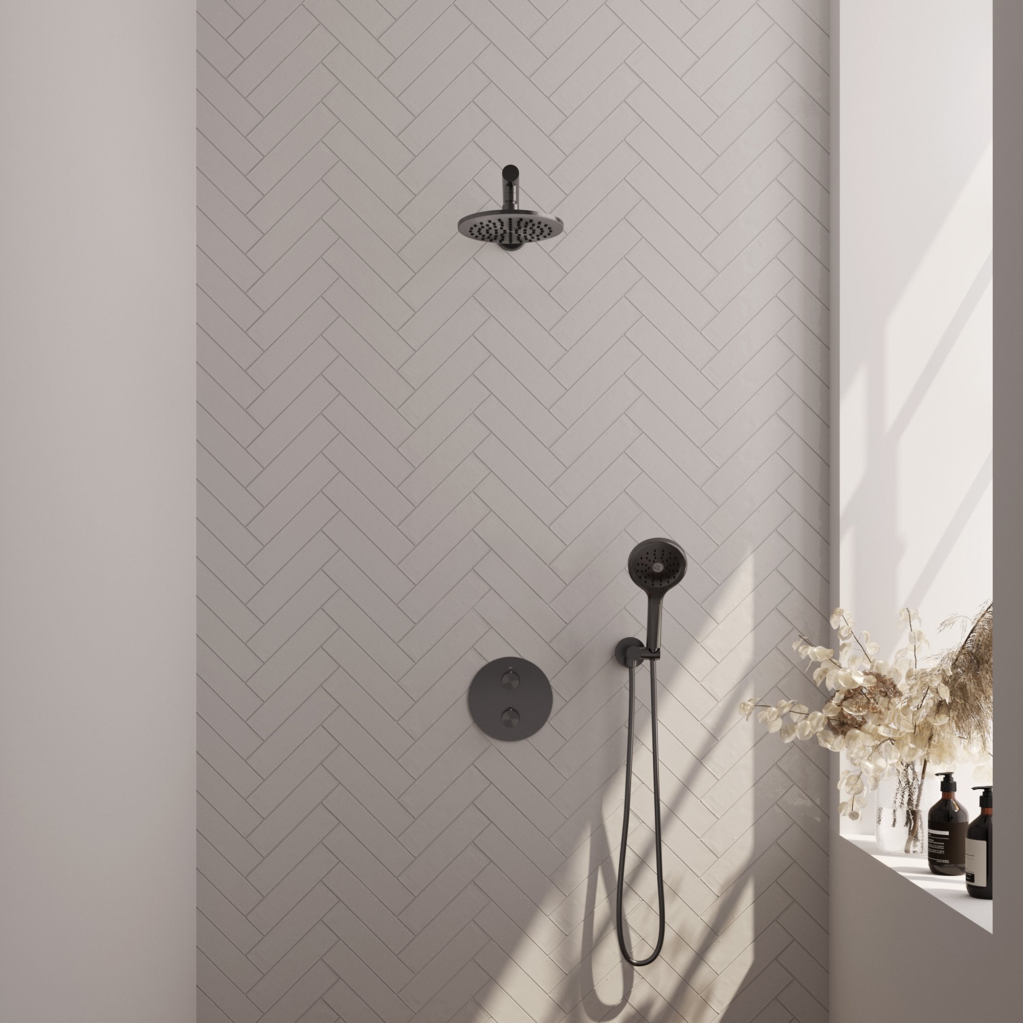 Brauer Carving inbouw regendoucheset 3-weg rond - 20cm hoofddouche - rechte wandarm - 3 standen handdouche - wandhouder - Geborsteld Gunmetal PVD