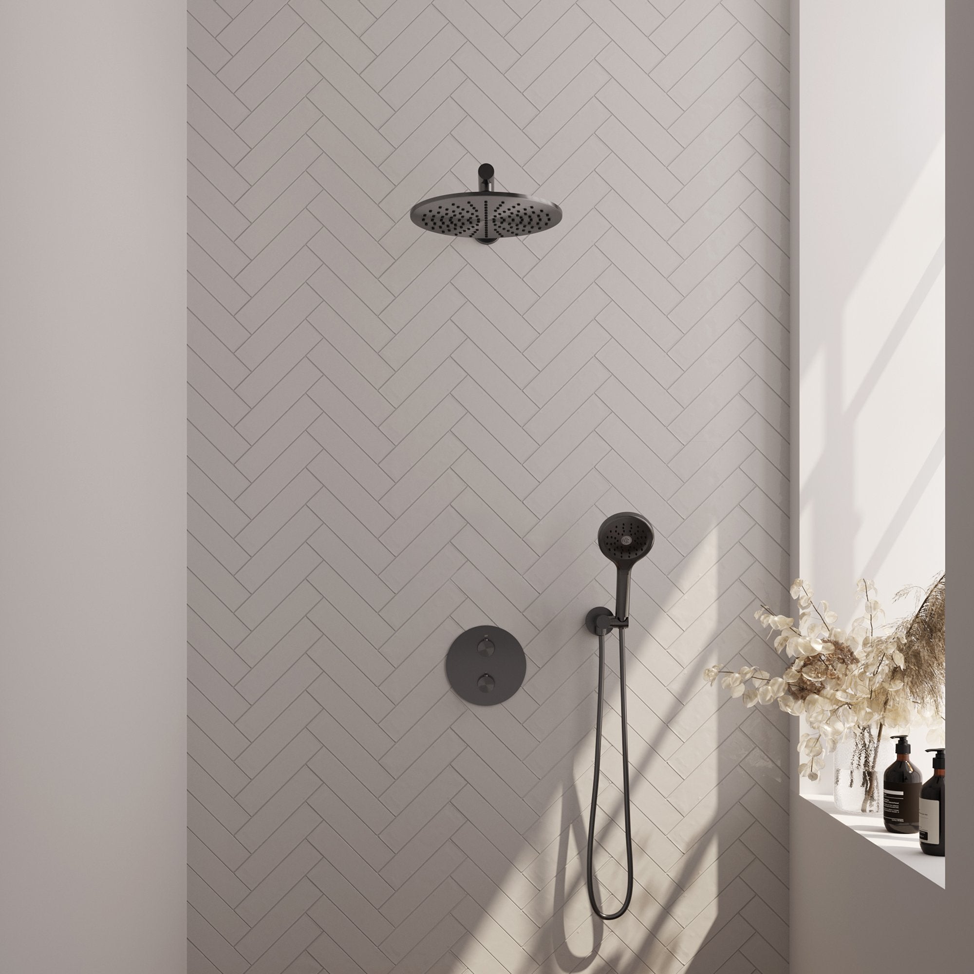 Brauer Carving inbouw regendoucheset 3-weg rond - 30cm hoofddouche - rechte wandarm - 3 standen handdouche - wandhouder - Geborsteld Gunmetal PVD