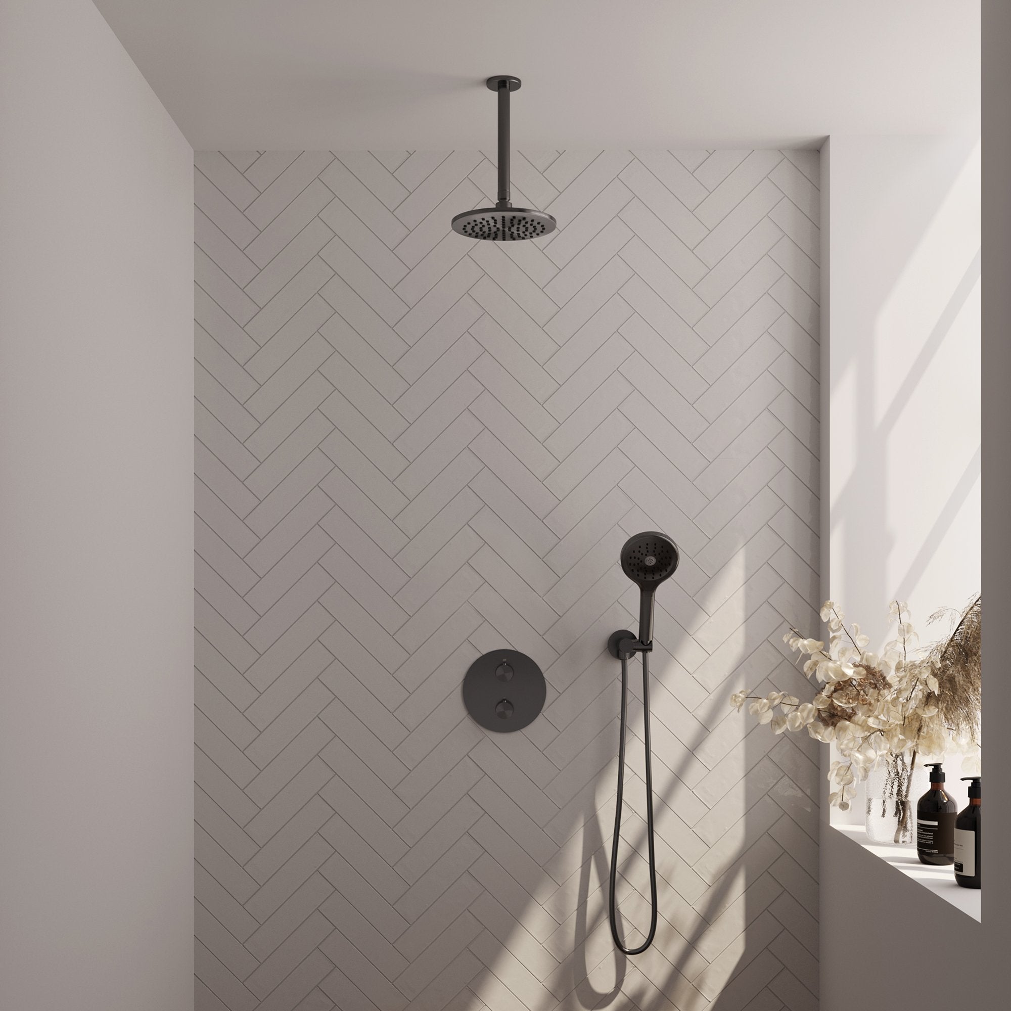 Brauer Carving inbouw regendoucheset 3-weg rond - 20cm hoofddouche - plafondarm - 3 standen handdouche - wandhouder - Geborsteld Gunmetal PVD