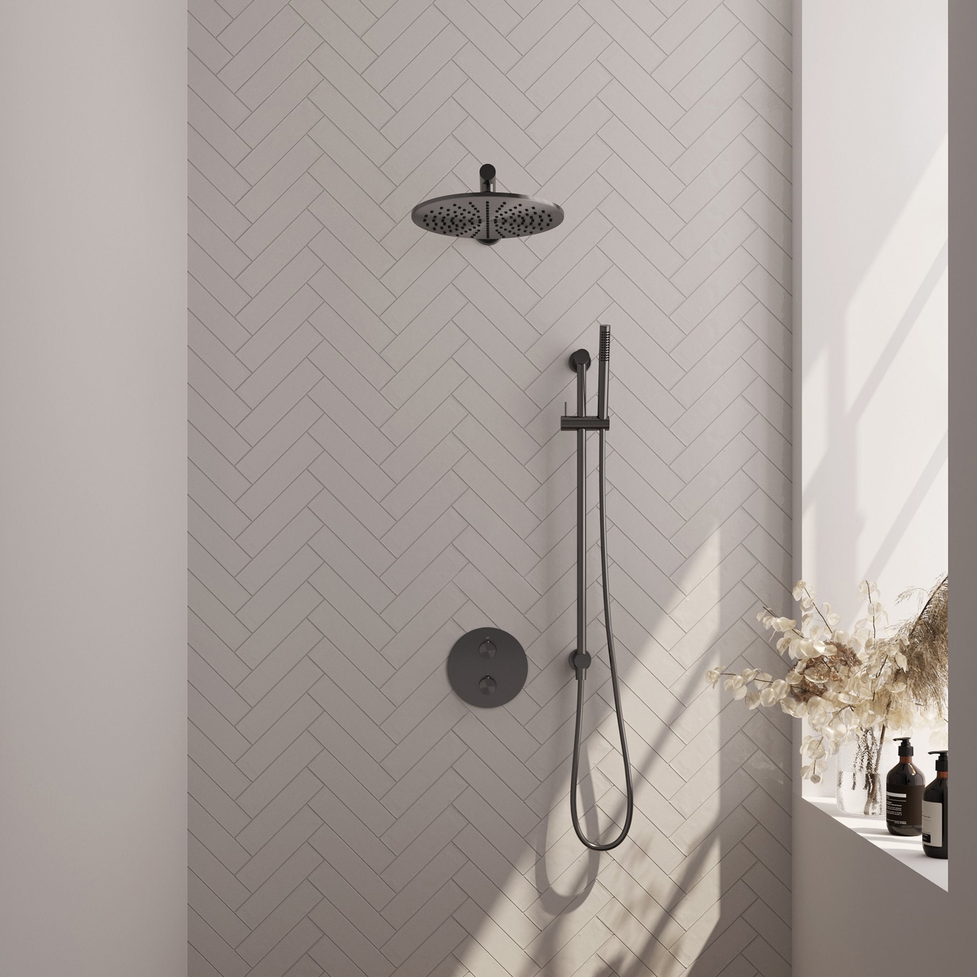 Brauer Carving inbouw regendoucheset 3-weg rond - 30cm hoofddouche - rechte wandarm - staafhanddouche - glijstang - Geborsteld Gunmetal PVD