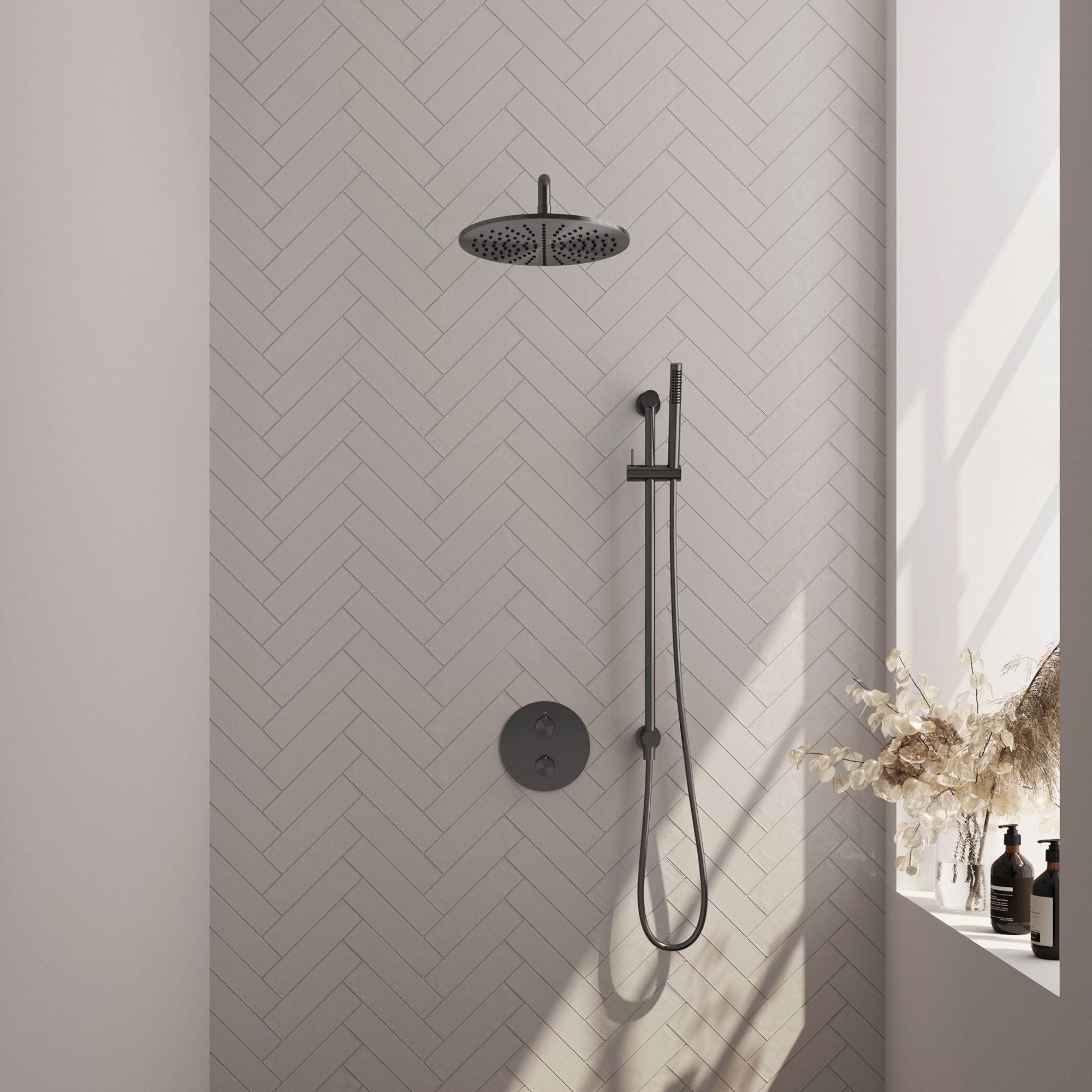 Brauer Carving inbouw regendoucheset 3-weg rond - 30cm hoofddouche - gebogen wandarm - staafhanddouche - glijstang - Geborsteld Gunmetal PVD