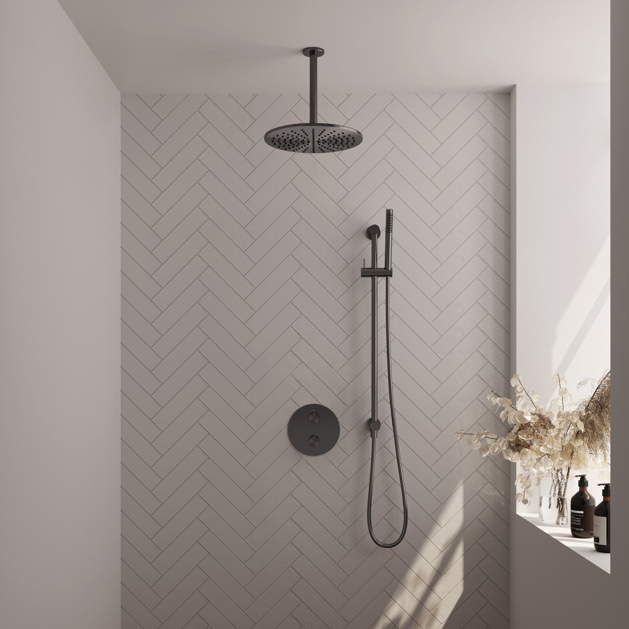 Brauer Carving inbouw regendoucheset 3-weg rond - 30cm hoofddouche - plafondarm - staafhanddouche - glijstang - Geborsteld Gunmetal PVD