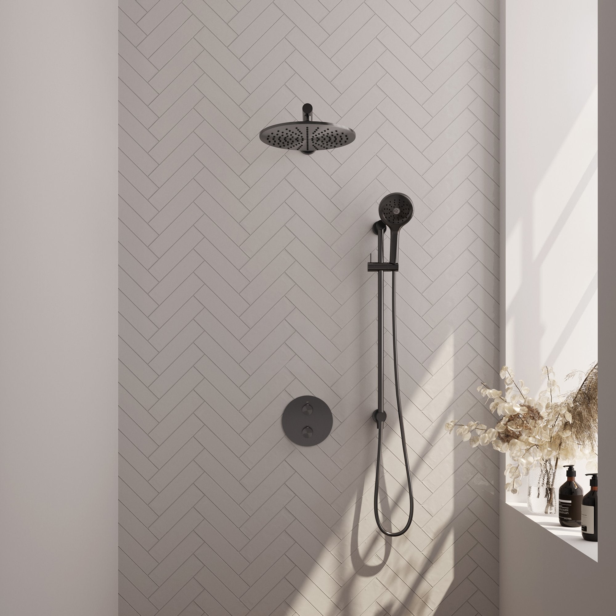 Brauer Carving inbouw regendoucheset 3-weg rond - 30cm hoofddouche - rechte wandarm - 3 standen handdouche - glijstang - Geborsteld Gunmetal PVD