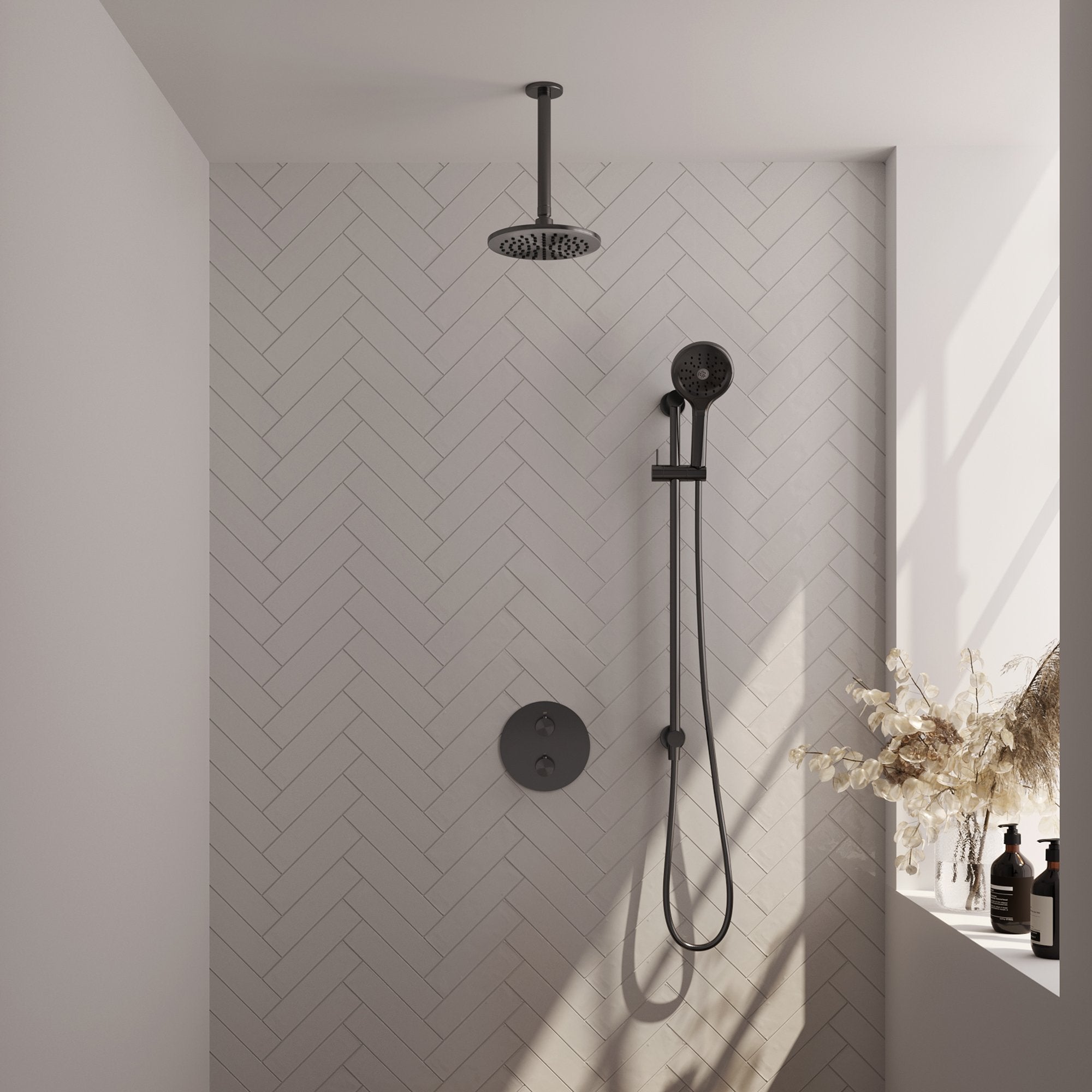 Brauer Carving inbouw regendoucheset 3-weg rond - 20cm hoofddouche - plafondarm - 3 standen handdouche - glijstang - Geborsteld Gunmetal PVD