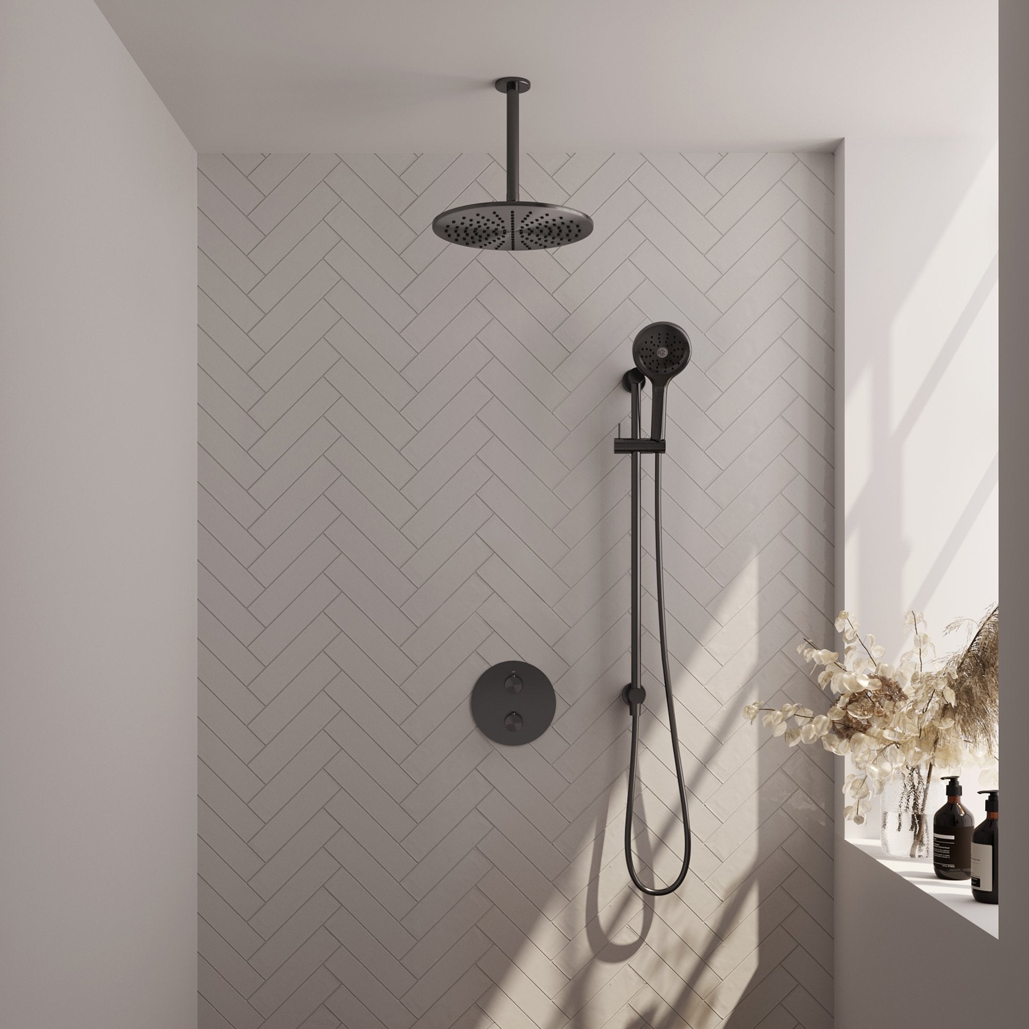 Brauer Carving inbouw regendoucheset 3-weg rond - 30cm hoofddouche - plafondarm - 3 standen handdouche - glijstang - Geborsteld Gunmetal PVD