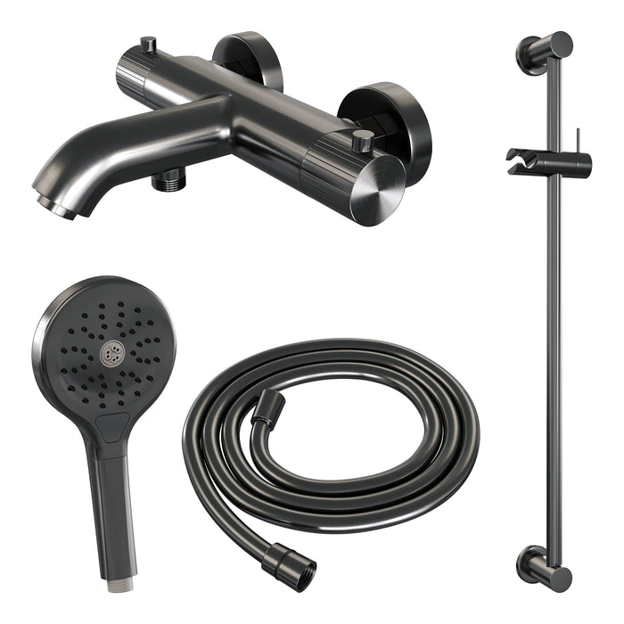 Brauer Stripe opbouw bad thermostaatkraan glijstangset - met 3-standen handdouche - Geborsteld Gunmetal PVD