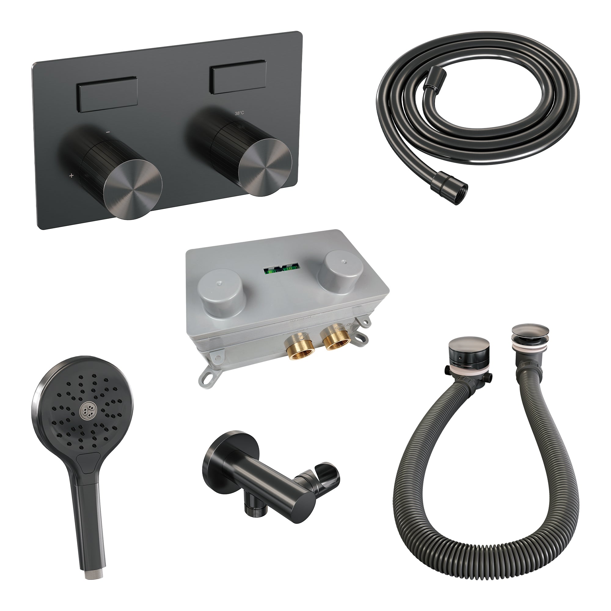 Brauer Stripe inbouw badthermostaat met drukknoppen en badvulcombinatie - 3-standen handdouche - Geborsteld Gunmetal PVD