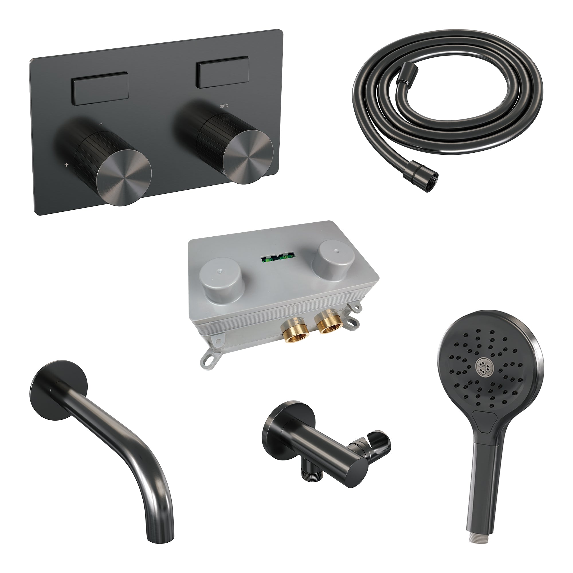 Brauer Stripe inbouw badthermostaat met drukknoppen en uitloop - 3-standen handdouche - Geborsteld Gunmetal PVD