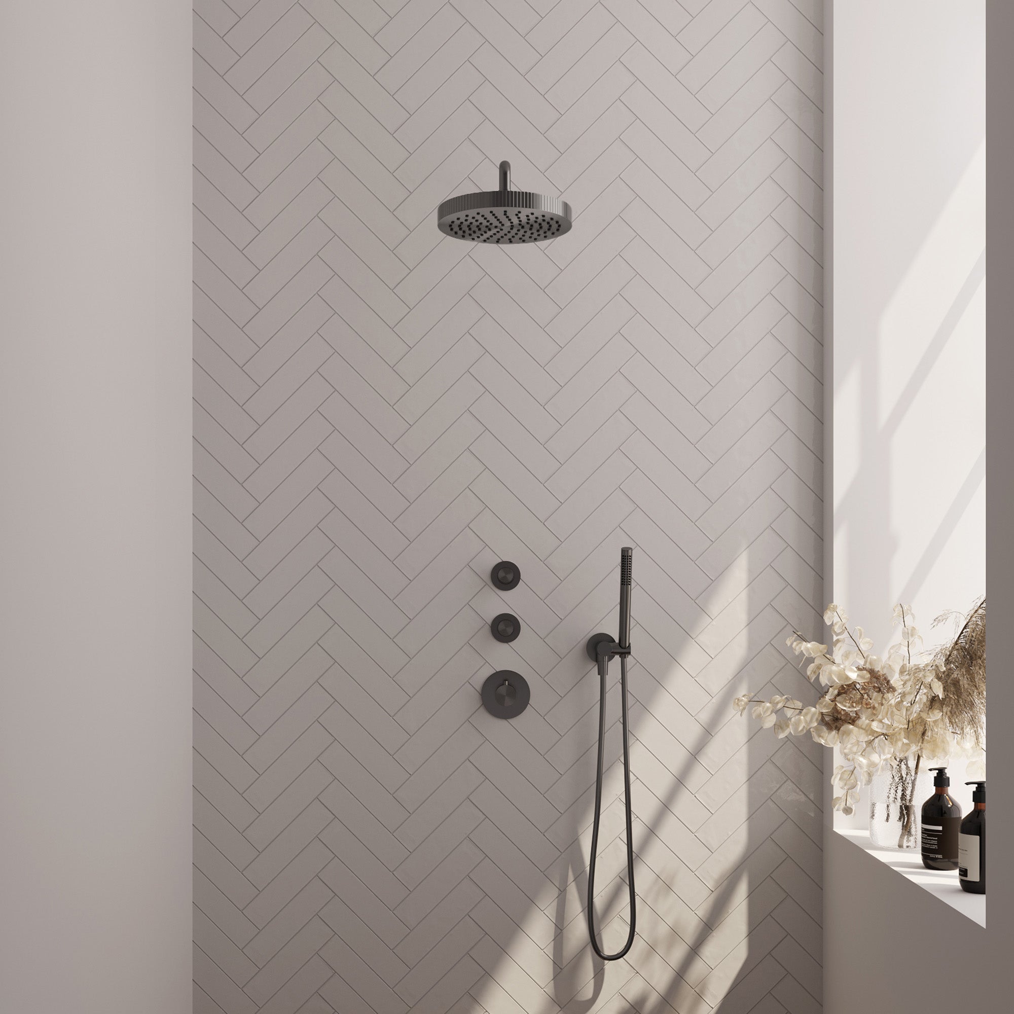 Brauer Stripe inbouw regendoucheset met 2 stopkranen - gebogen wandarm - staafhanddouche - wandhouder - Geborsteld Gunmetal PVD