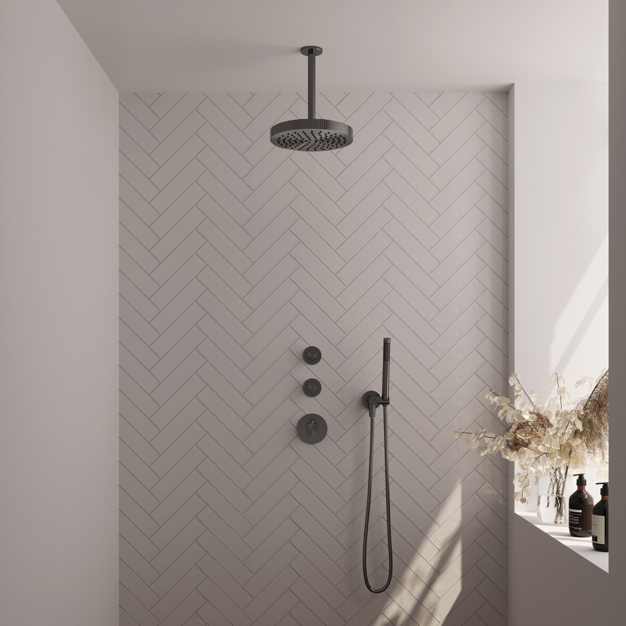 Brauer Stripe inbouw regendoucheset met 2 stopkranen  - 20cm plafondbuis - staafhanddouche - wandhouder - Geborsteld Gunmetal PVD