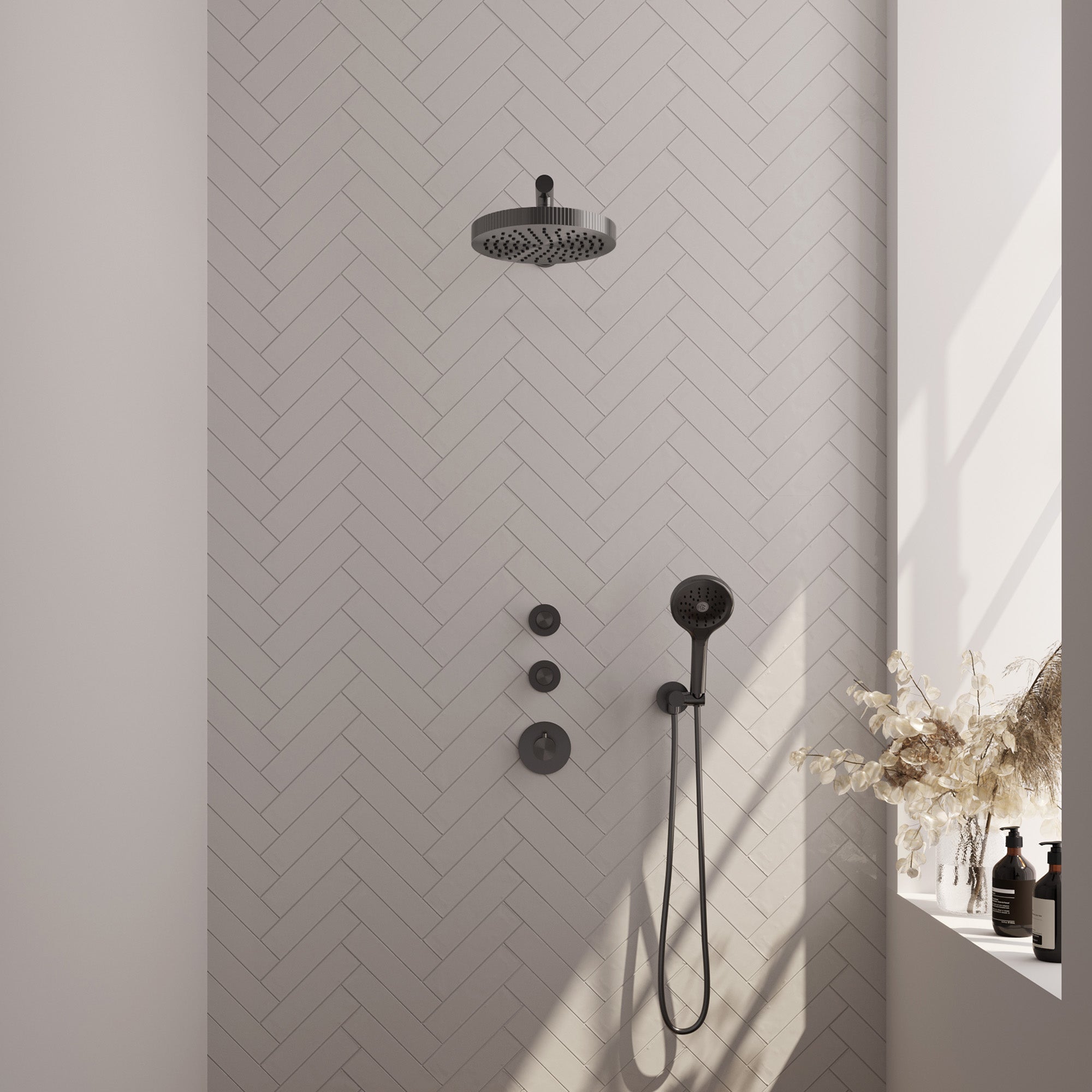 Brauer Stripe inbouw regendoucheset met 2 stopkranen - rechte wandarm - 3-standen handdouche - wandhouder - Geborsteld Gunmetal PVD