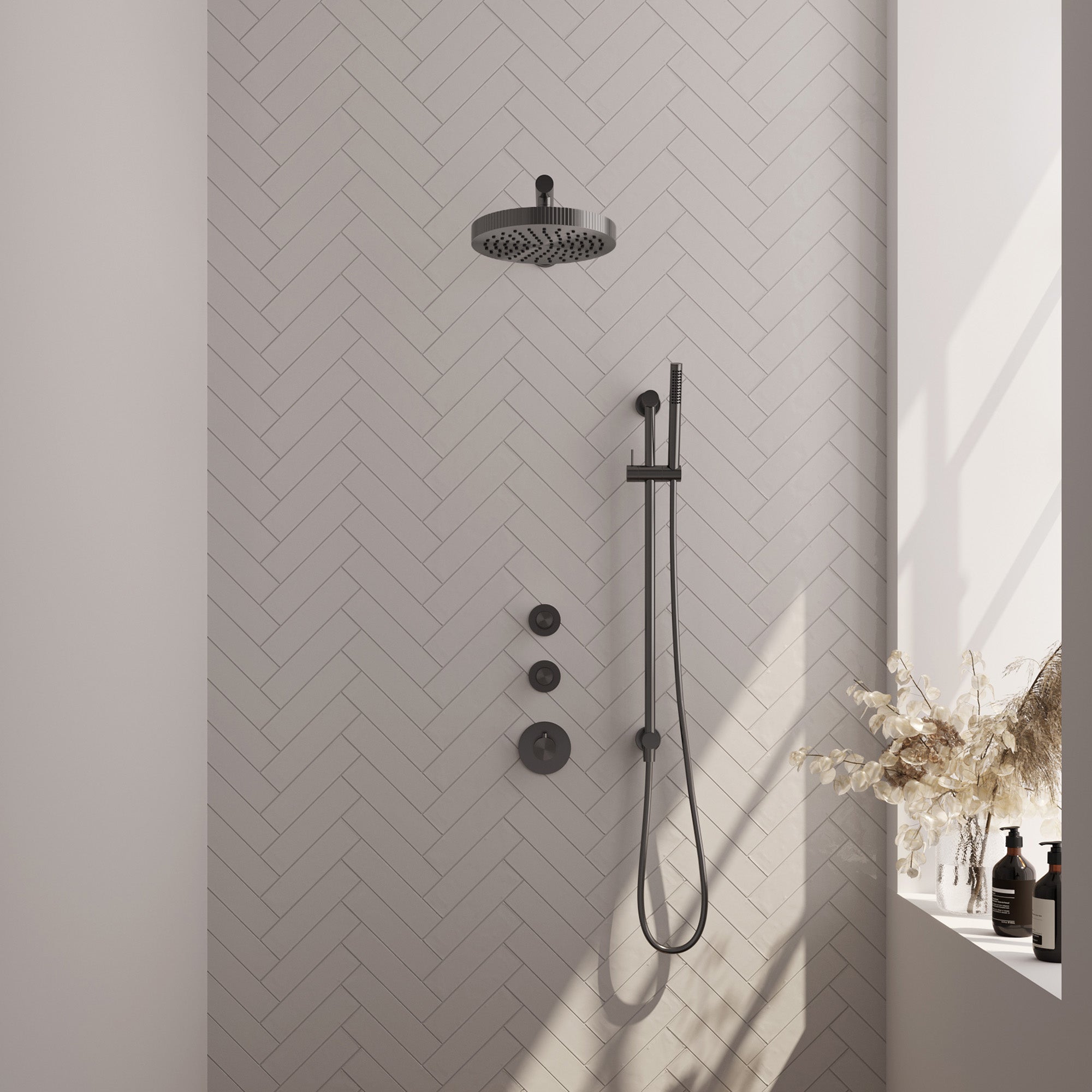 Brauer Stripe inbouw regendoucheset met 2 stopkranen - rechte wandarm - staafhanddouche - glijstang - Geborsteld Gunmetal PVD