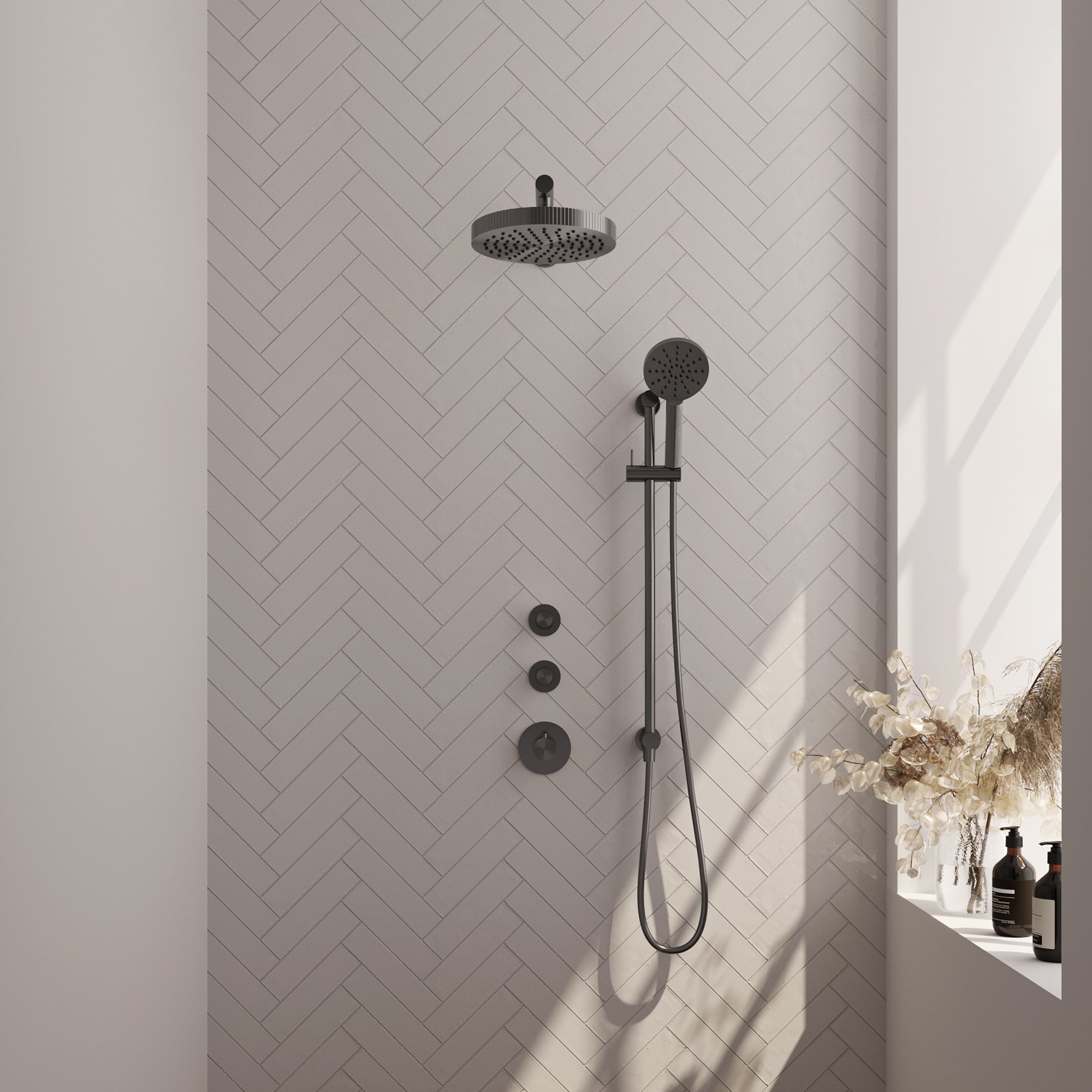 Brauer Stripe inbouw regendoucheset met 2 stopkranen - rechte wandarm - 3-standen handdouche - glijstang - Geborsteld Gunmetal PVD