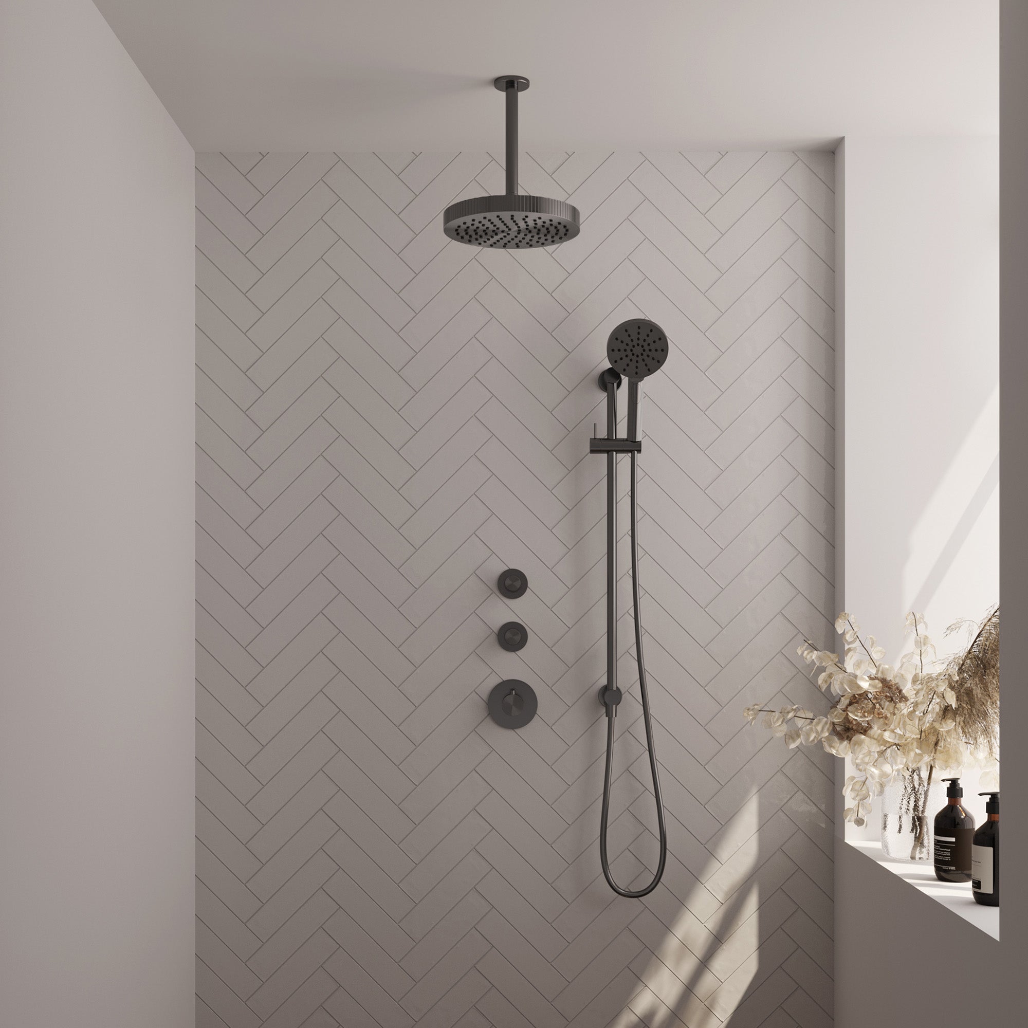 Brauer Stripe inbouw regendoucheset met 2 stopkranen  - 20cm plafondbuis - 3-standen handdouche - glijstang - Geborsteld Gunmetal PVD