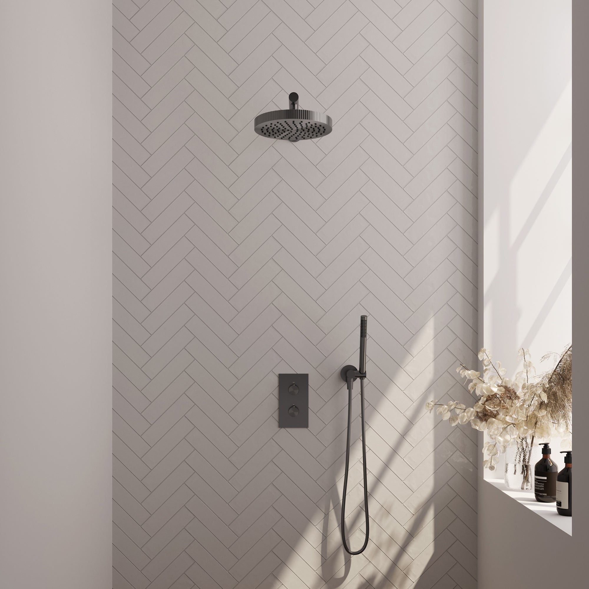 Brauer Stripe thermostatische inbouw regendouche rechthoekig - rechte wandarm - staafhanddouche - wandhouder - Geborsteld Gunmetal PVD