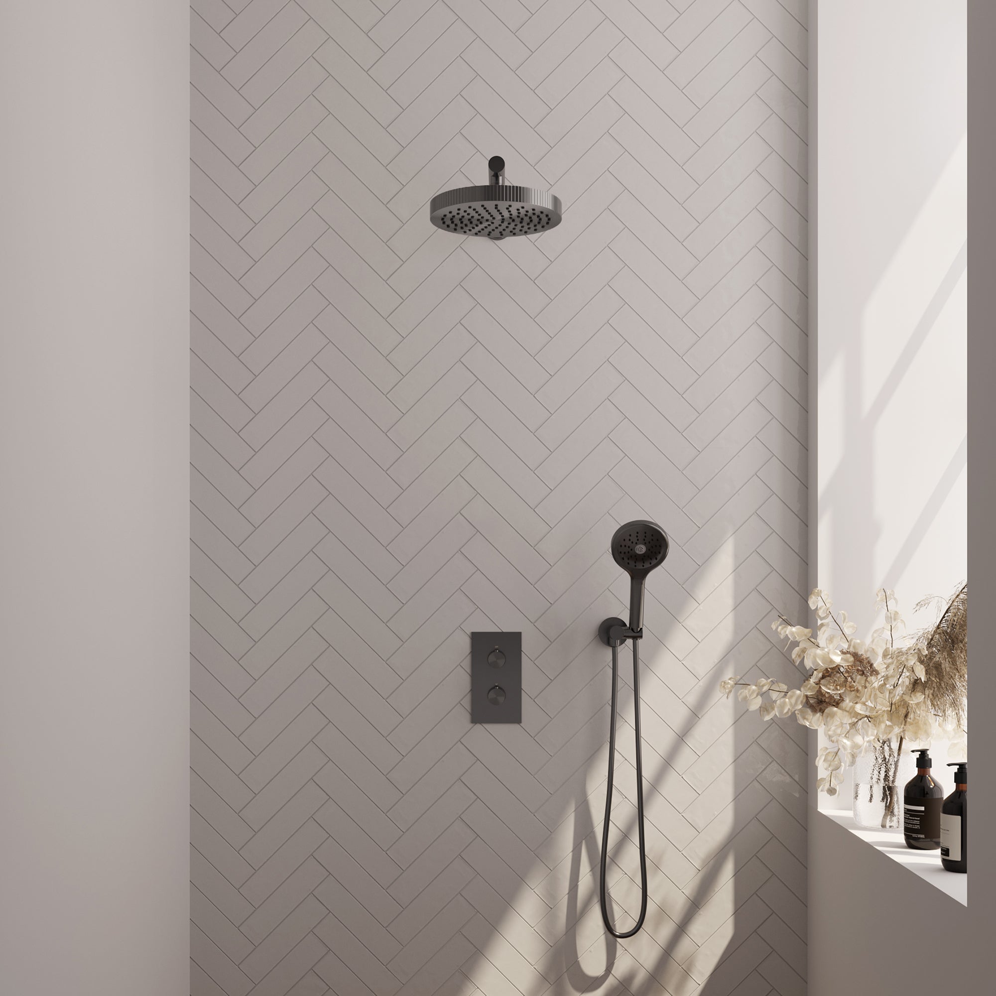 Brauer Stripe thermostatische inbouw regendouche rechthoekig - rechte wandarm - 3-standen handdouche - wandhouder - Geborsteld Gunmetal PVD